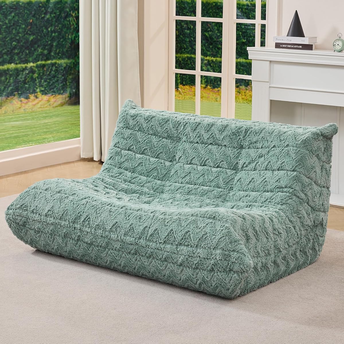 Bean Bag Chairs for Adults Giant Bean Bag Chair Memory Foam BeanBag Chair Bean Bag Sofa with Filler Faux Fur Fireside Beanbags Lazy Sofa for Living Room Bedroom Office (Green Chevron, Loveseat)