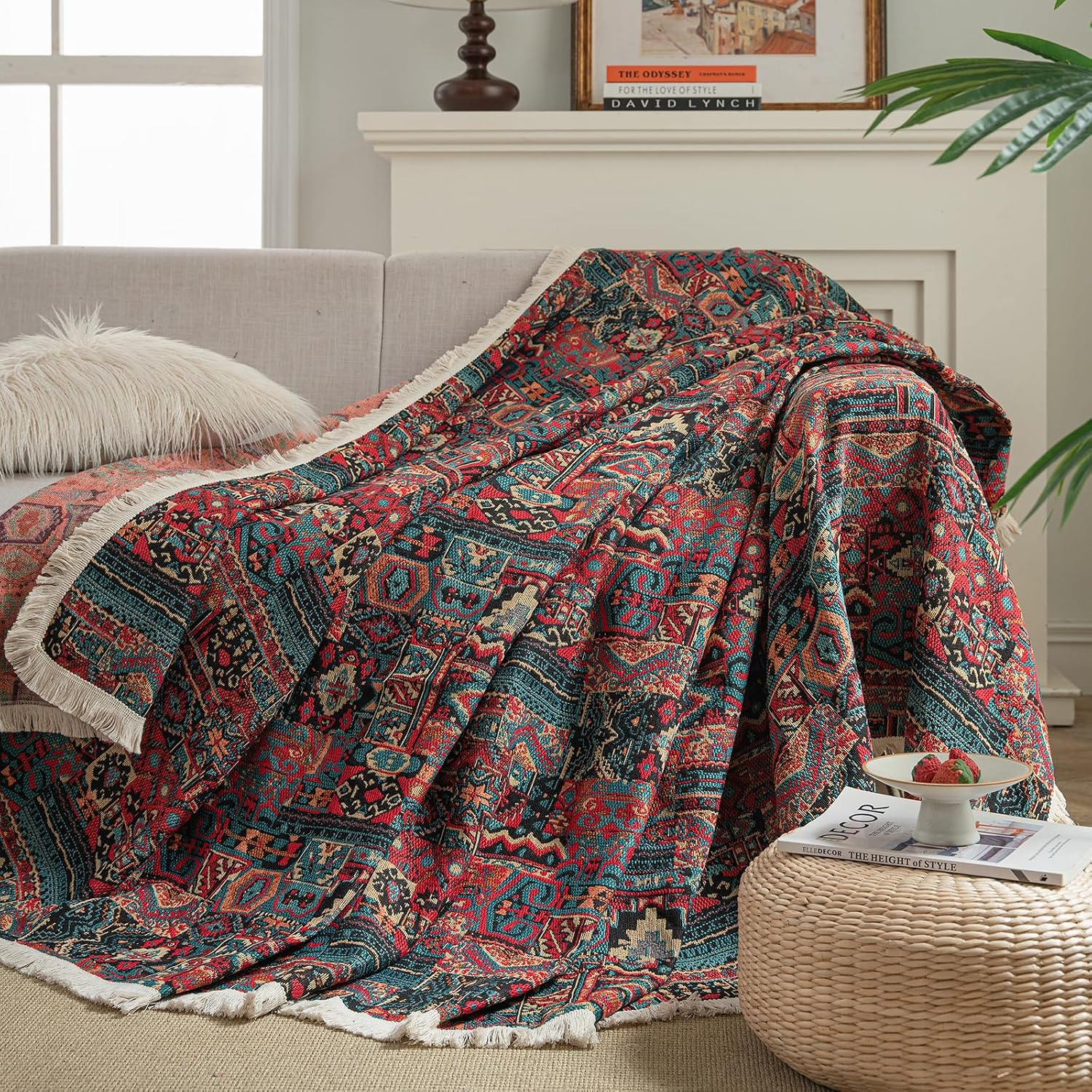 vctops Vintage Jacquard Sofa Covers for Sectional Sofa, Geometric Pattern Fringe Couch Protector for Dogs, Loveseat, Futon, L Shaped Cover, Washable (Boho, 91"x150")