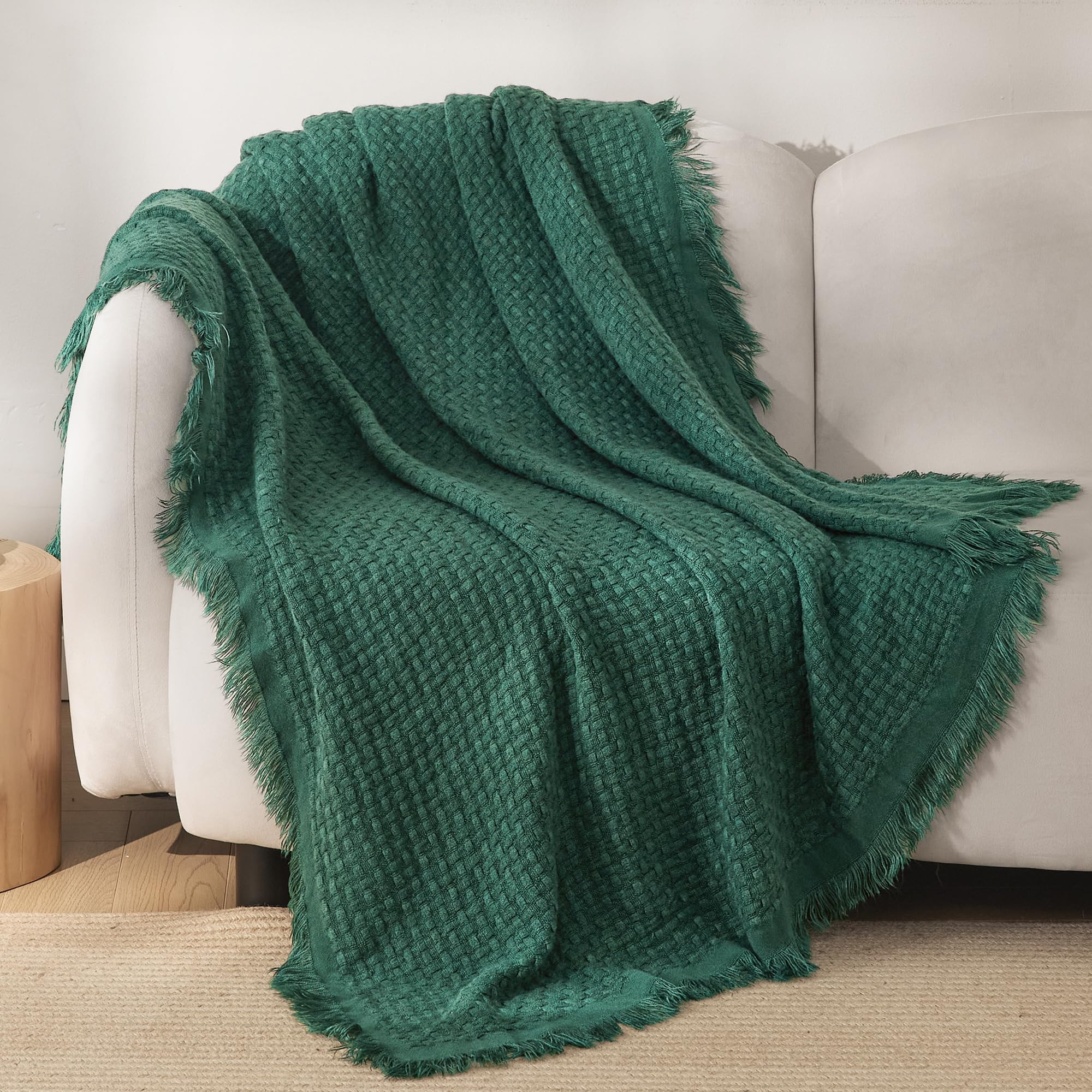 Exclusivo Mezcla Knit Throw Blanket with Fringes for Sofa, Reversible Super Soft and Breathable Woven Boho Throw for Summer, Home Decor, 127x152 CM, Forest Green
