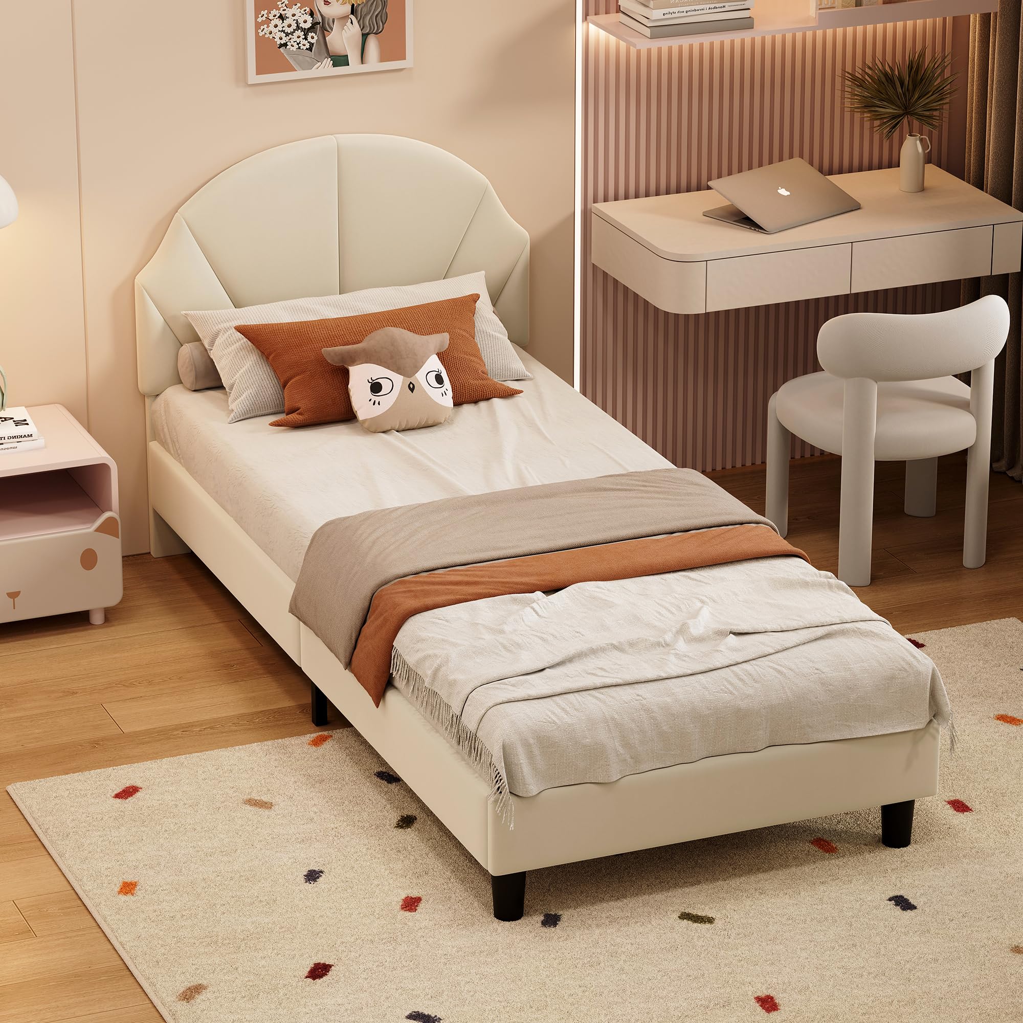 HYNHXBP 3FT Princess Shell Single Bed 90x190 cm, Upholstered Velvet, Height Adjustable, Wooden Slats Included, Child & Teen Bedroom Furniture (Beige-B, 90x190cm)