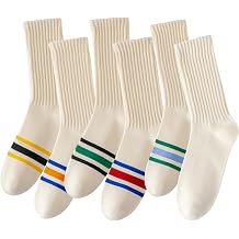 6 Pairs Of Neutral Crew Socks, Striped Retro Sports Calf Leather Socks, Casual Cotton Socks For Men & Women7-15