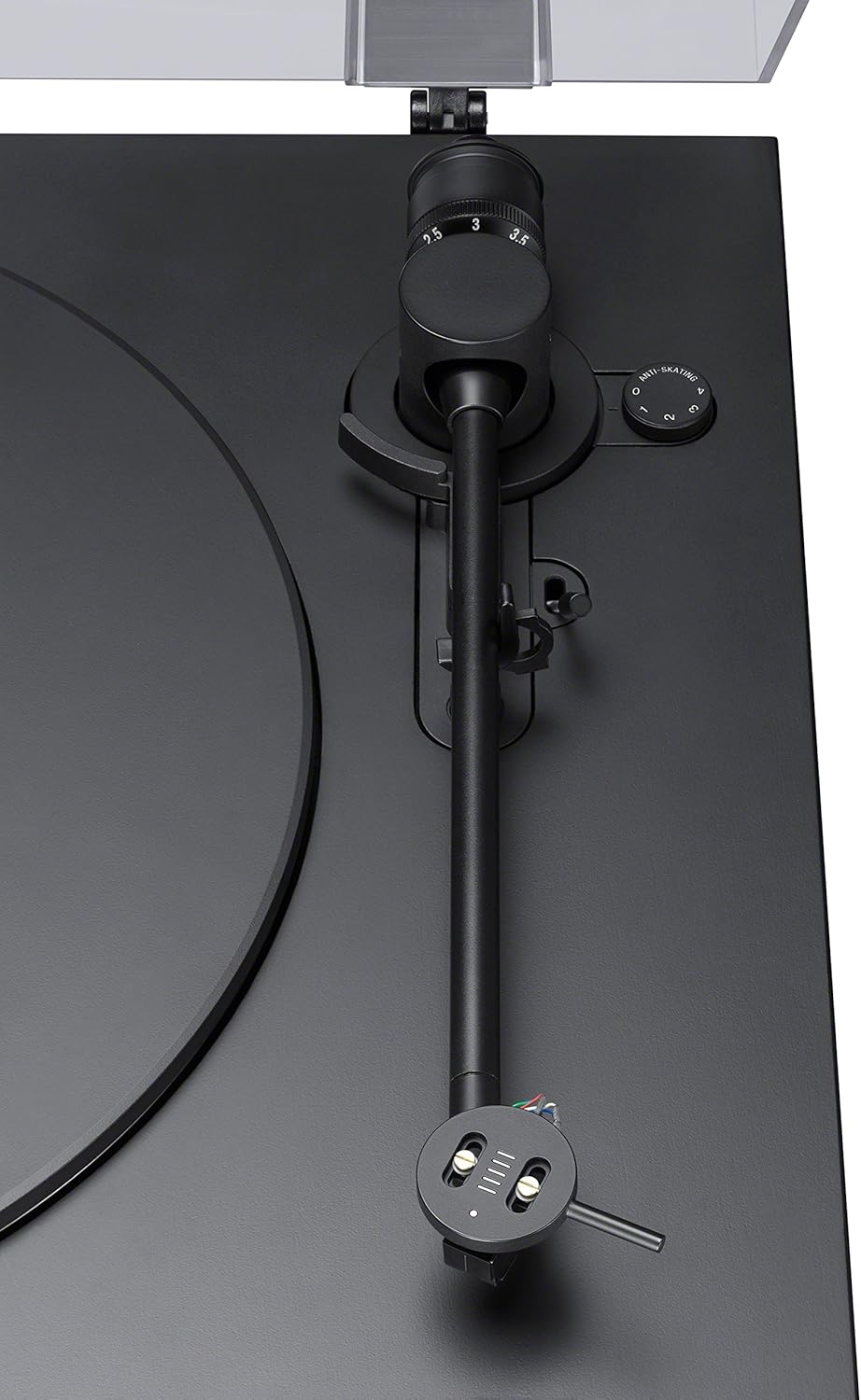 Close-up of Sony PSHX500 tonearm base with anti-skate dial
