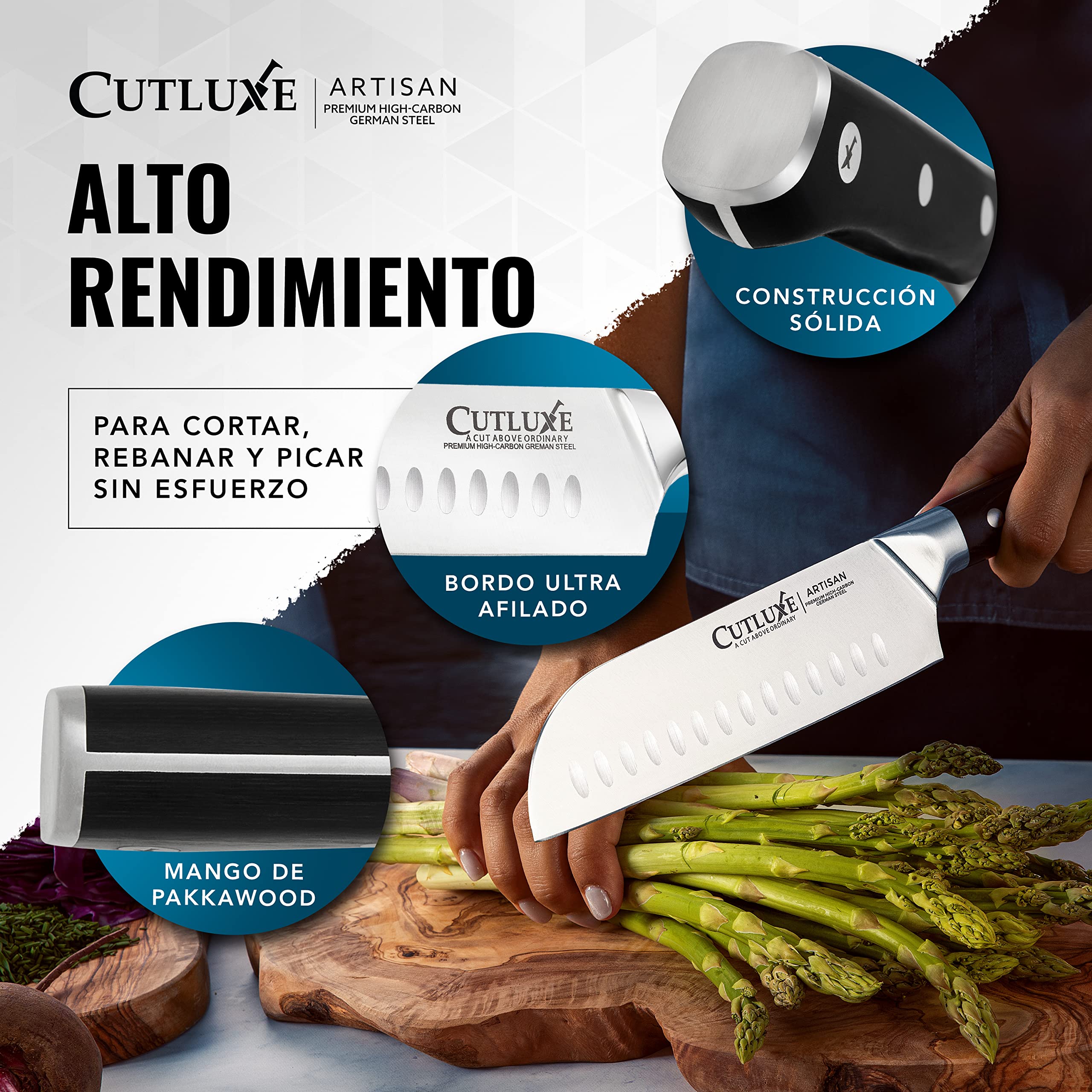 Cutluxe Cuchillo Santoku – 18 cm Cuchillo Profesional de Chef Con Funda– Acero Alemán con Alto Contenido de Carbono – Cuchilla Afilada y Espiga Completa – Diseño de Mango Ergonómico – Serie Artesano