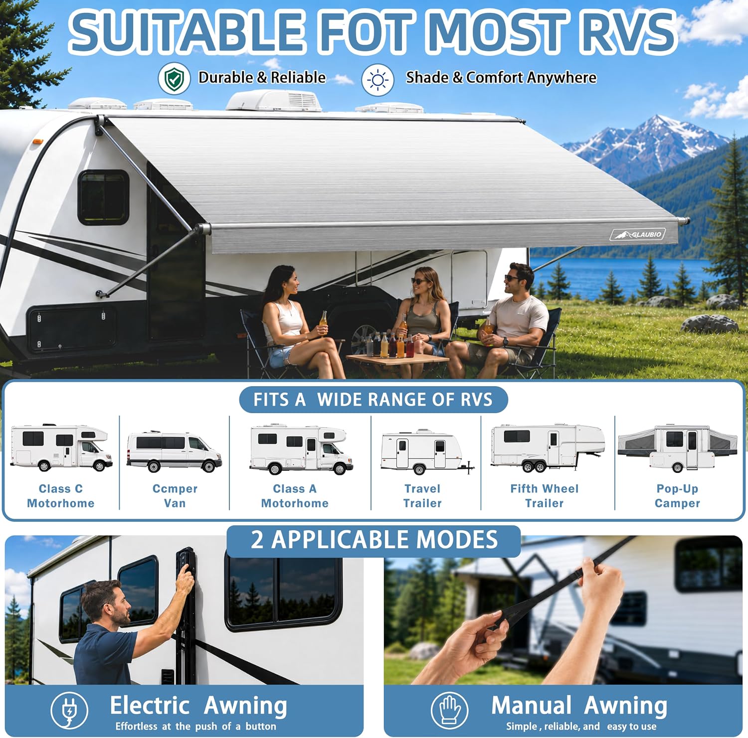 GLAUBIO RV Awning Fabric Replacement 16FT, 19.5oz Heavy-Duty Camper Awning,UV-Resistant & Waterproof Canopy for Camper,Trailer,Motorhome (Gradient Gray, Fabric 15'2")
