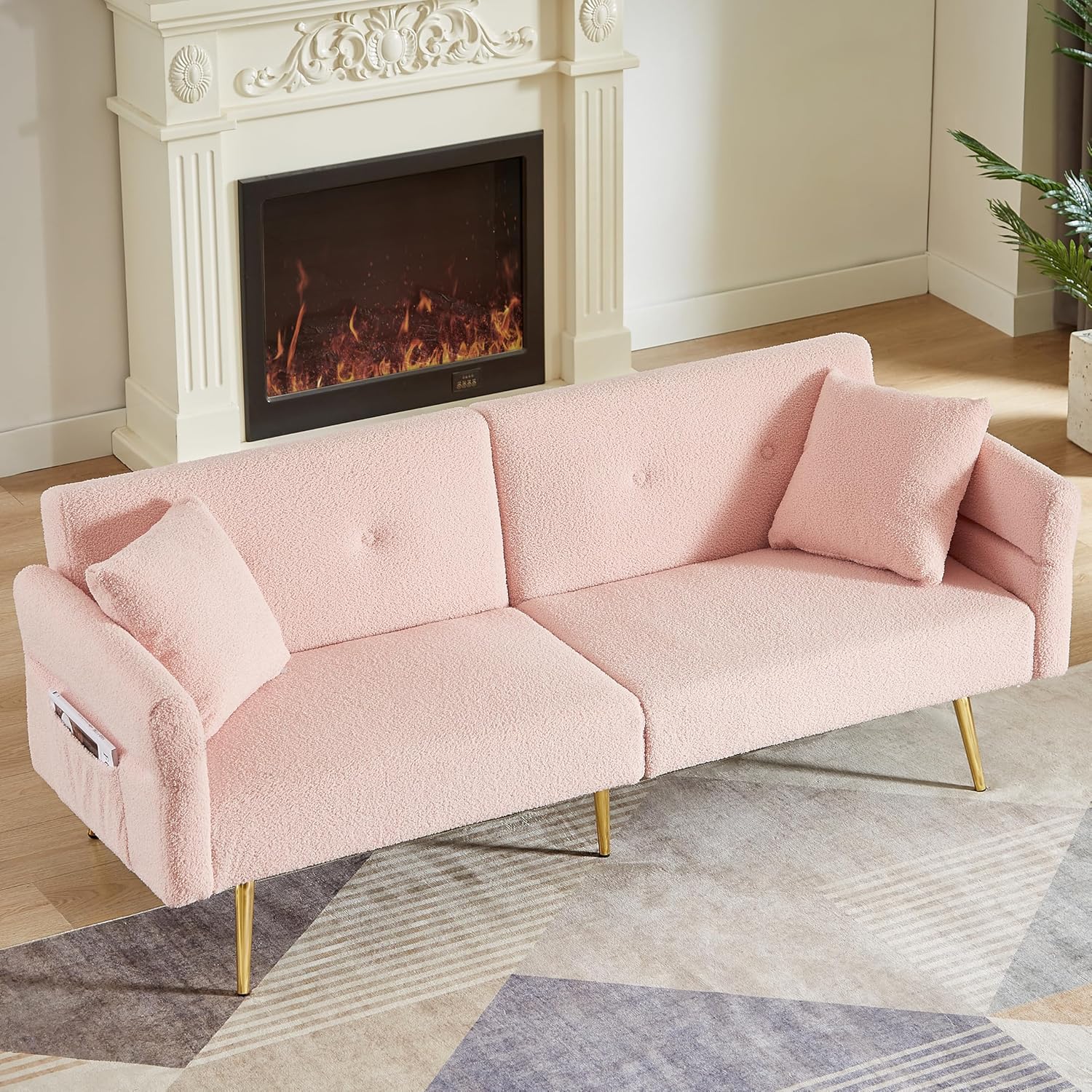 Pink Futon Sofa Bed, Loveseat with Adjustable Backrest and Armrests, Teddy Couch with Pillows and Side Pocket for Small Spaces, Living Room, Apartment Or Office (Pink)