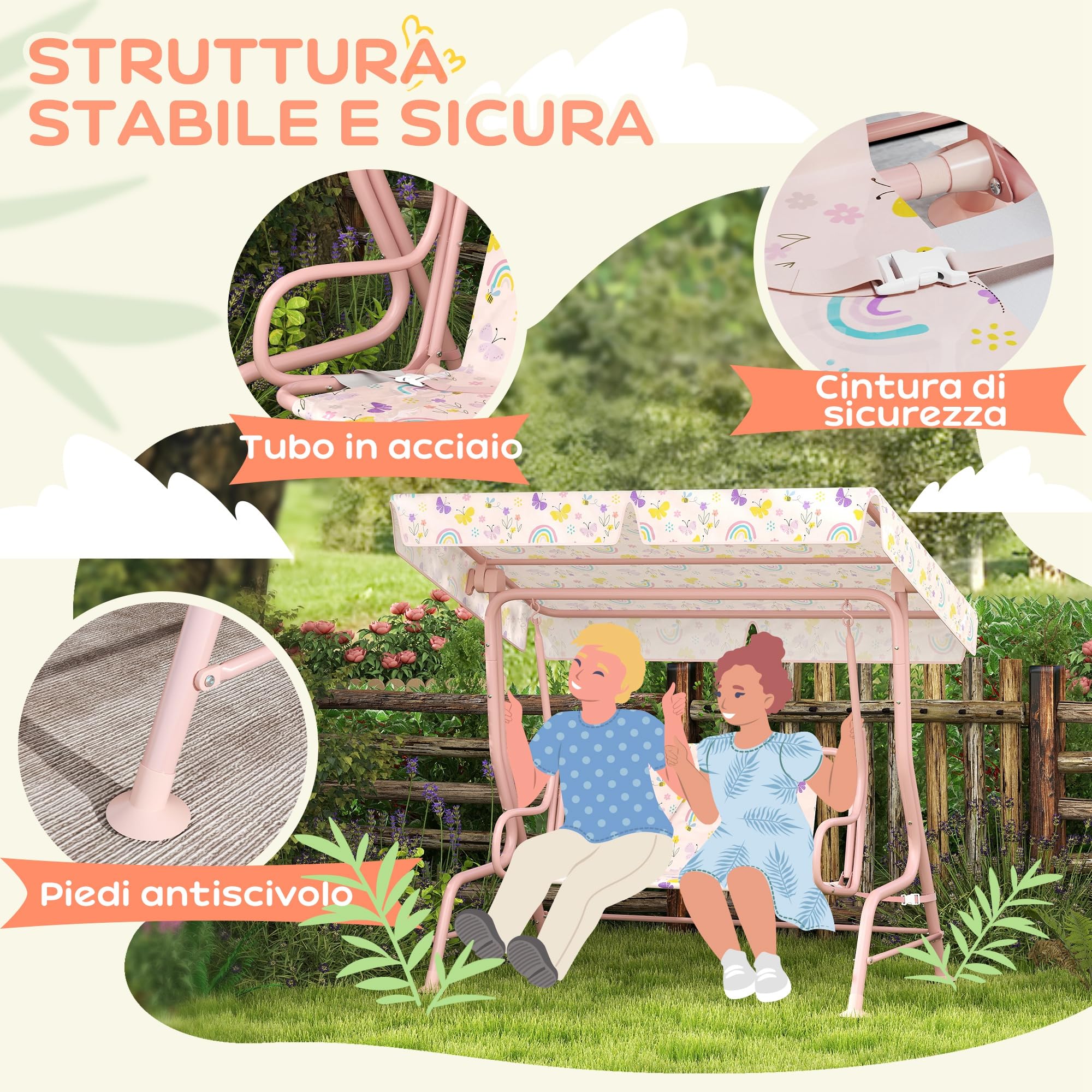 AIYAPLAY Dondolo per Bambini da Esterno a 2 Posti con Tettuccio Regolabile e Cinture di Sicurezza, Altalena Dondolo da Giardino e Interno in Acciaio e Oxford, Max 60 kg, 112x75x120 cm, Rosa