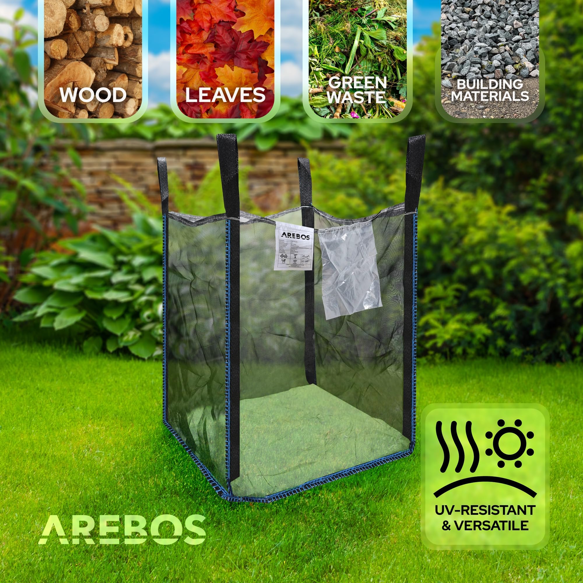 Arebos Bolsa grande | 100 x 100 x 160 cm, con 4 trabillas y delantal | capacidad de carga de 1500 kg | SF 5:1, EN ISO 21898 | saco para escombros de construcción, madera, residuos de