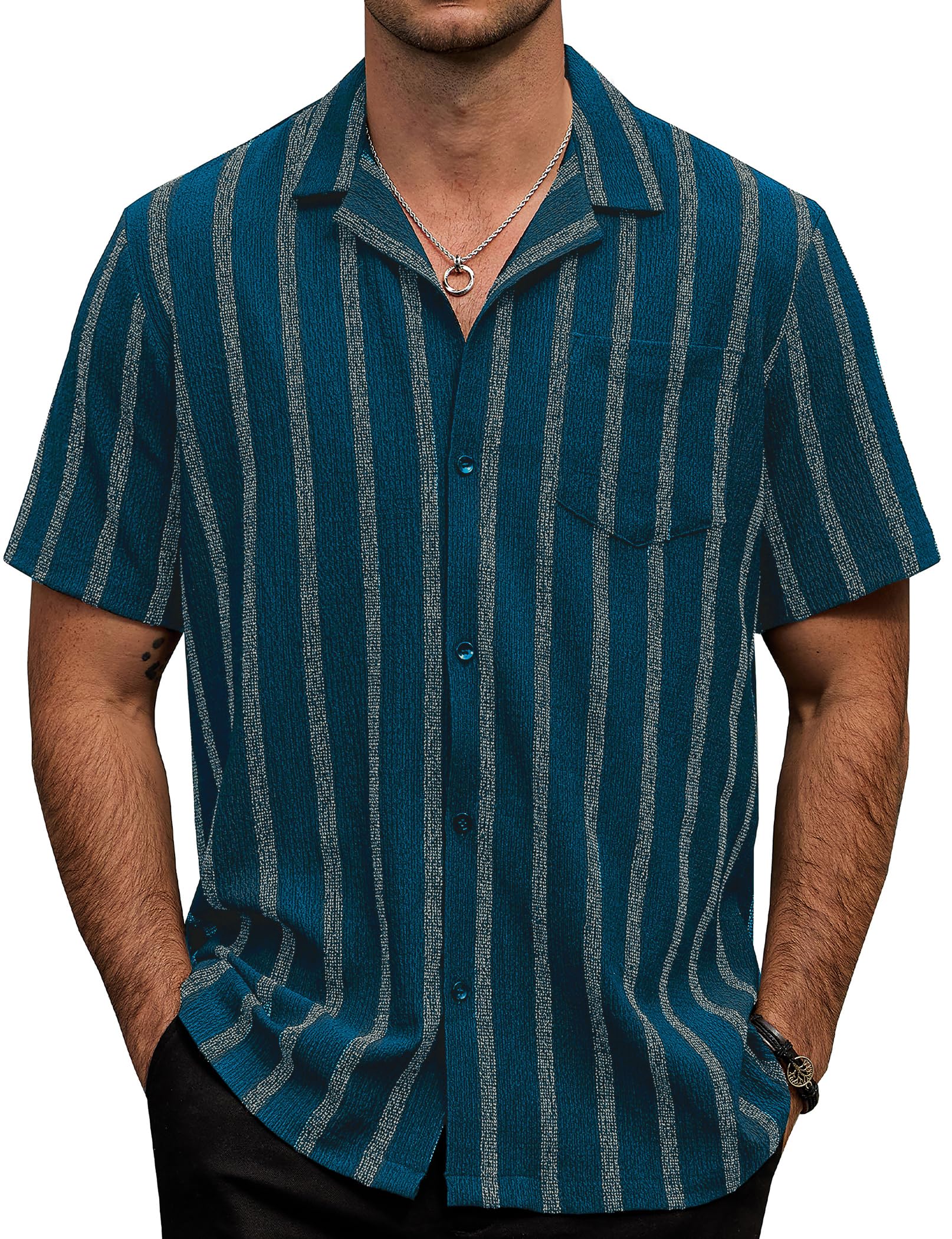 Mens Striped Button Down Short Sleeve Shirt Casual Summer Shirts Beach Vacation Hawaiian Shirt for Men