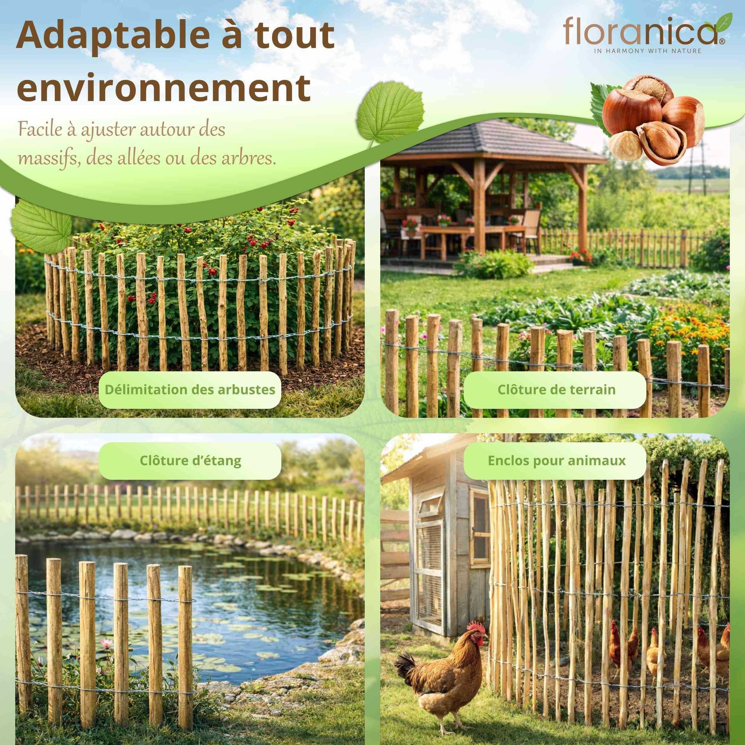 Floranica clôture en noisetier châtaignier 10 m x 50 cm de hauteur, écart entre les lattes 8-10 cm, bordure de jardin