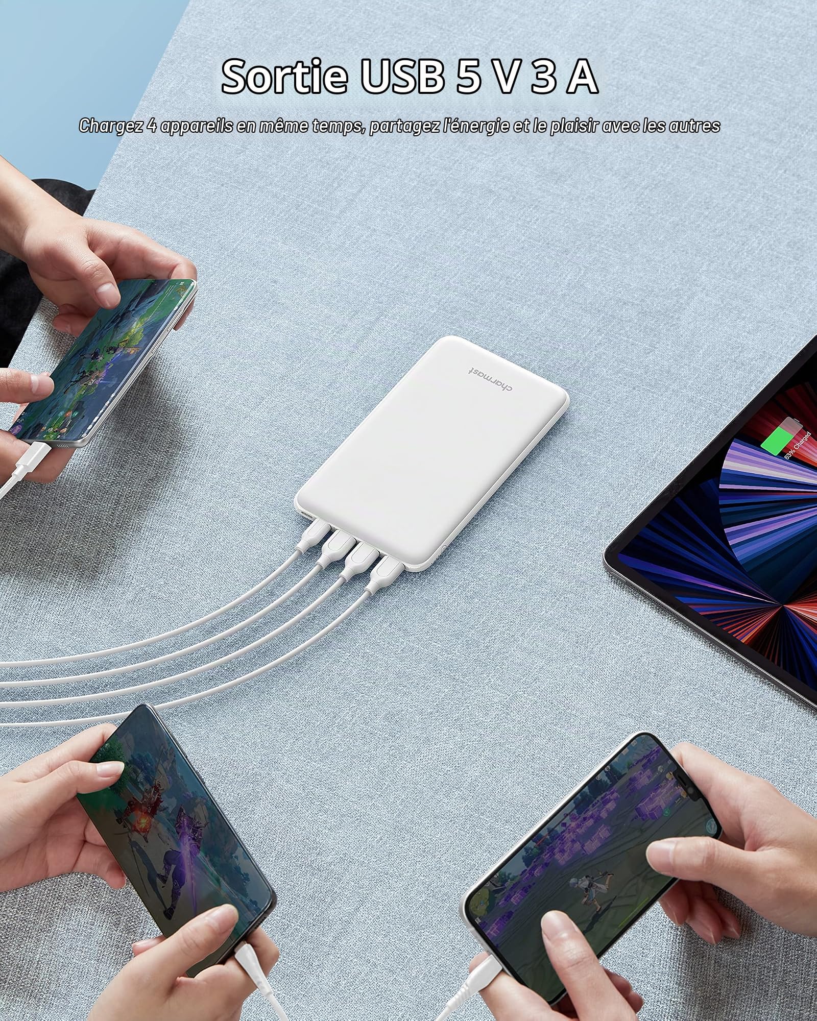 Charmast Batterie externe USB C 26800 mAh avec 3 entrées et 4 sorties iSmart compatible avec smartphones, tablettes et plus (blanc)