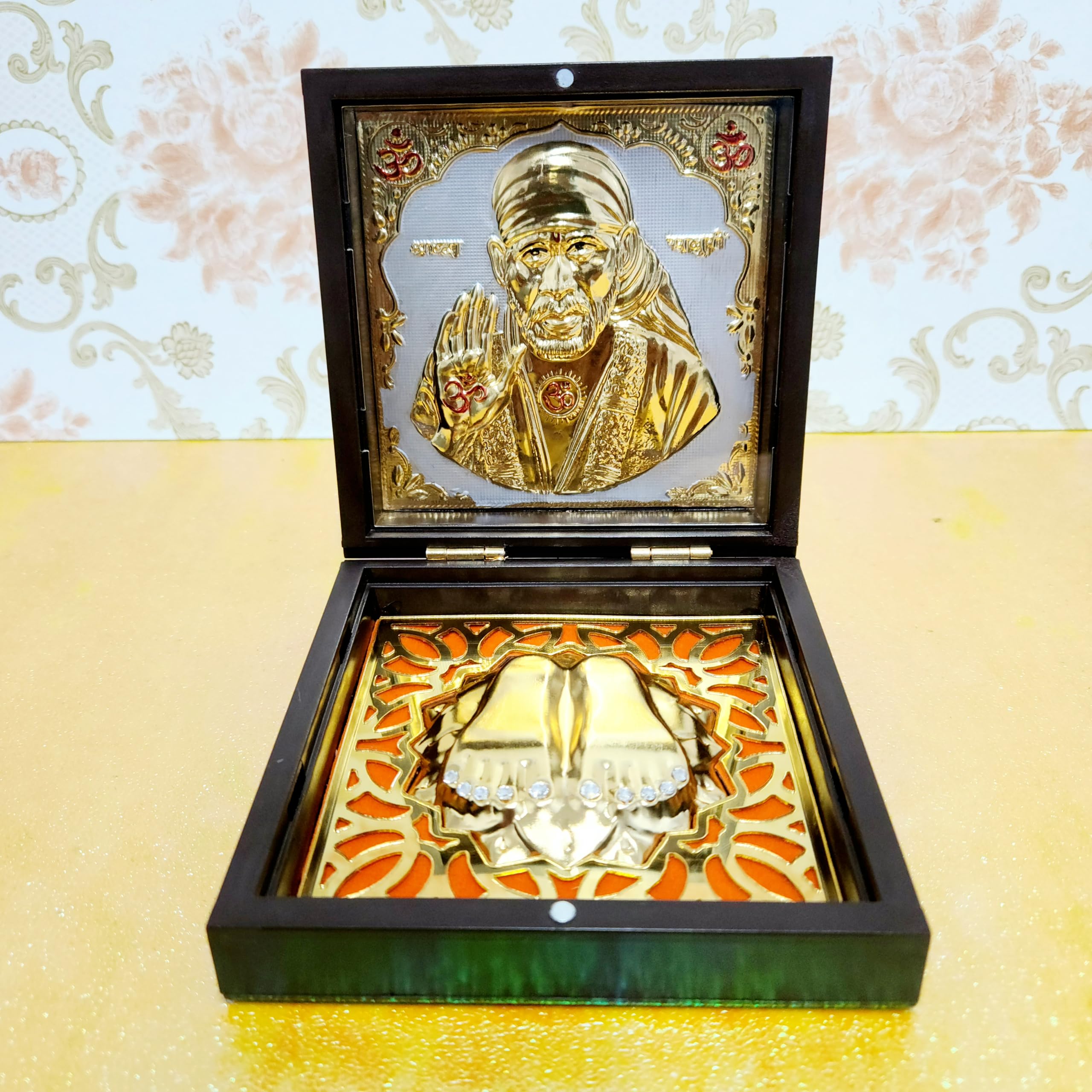 ARNAVIRA Sai Baba Gold Plated Photo Frame with Charan Paduka Pocket Temple for Diwali Gift, House Warming Gifts, Return Gift, Puja Box