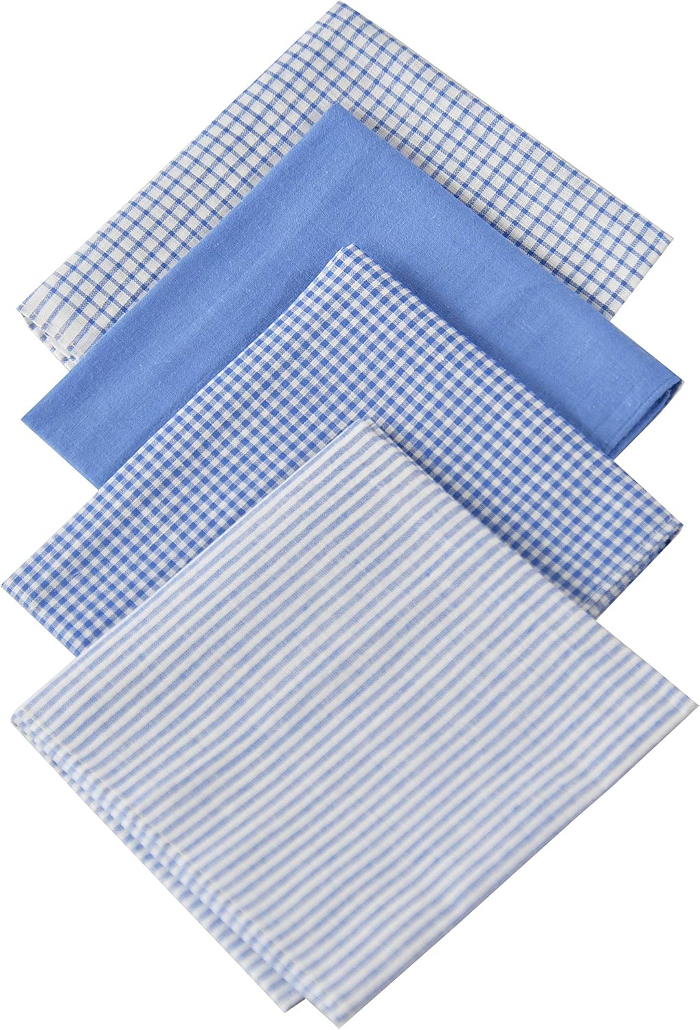 ARAD 4 Pack Fine Men’s Handkerchiefs 100 Soft Cotton with Stitching, Blue Plaid Hankie, Solid