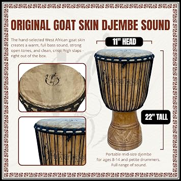 Hand-carved Djembe Drum From Africa - 11x22 Classical Heartwood Djembe (Adi-Daas Carving)