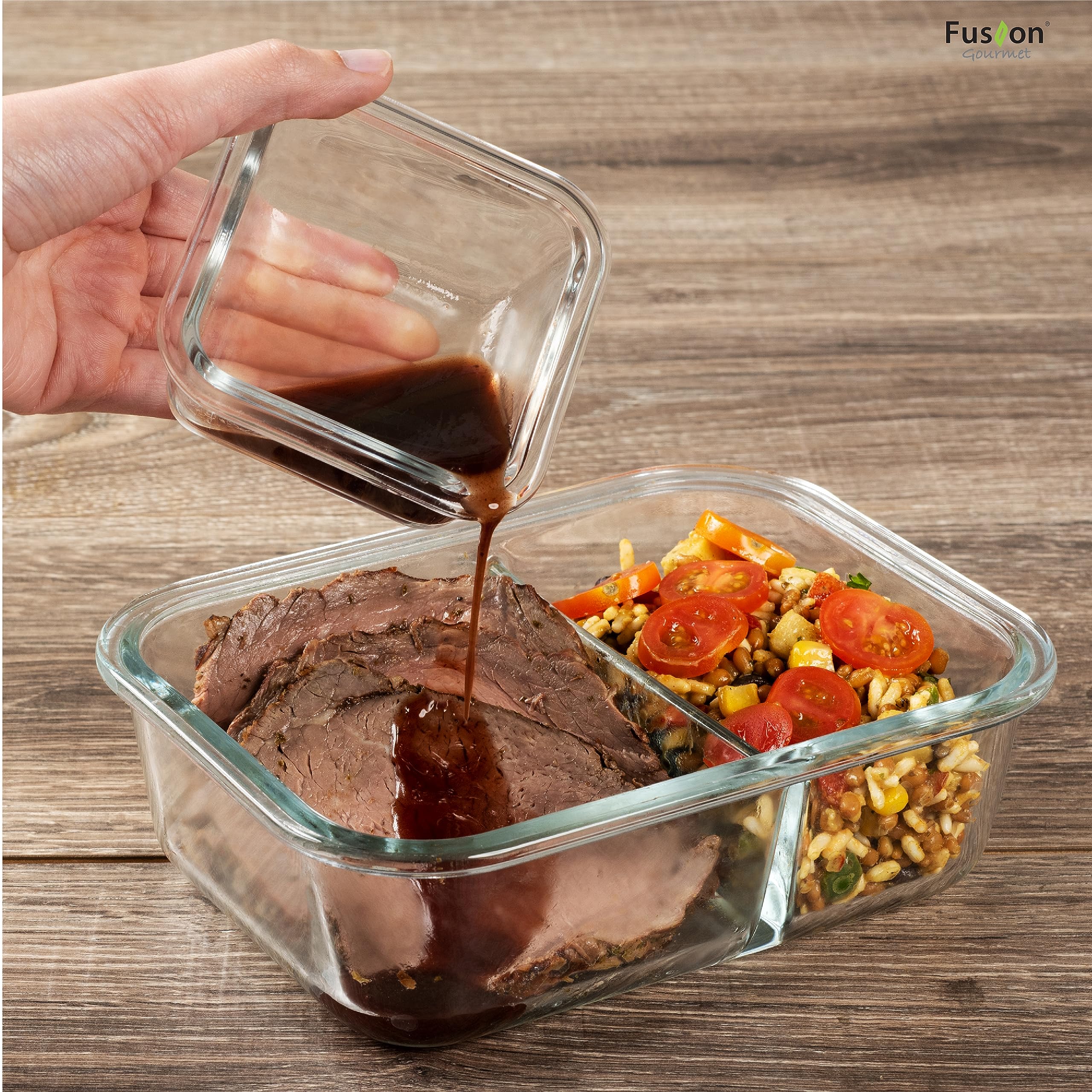 Fusion Gourmet Recipientes de vidrio para preparación de comidas con tapas [8 unidades, 33 onzas y 4.5 onzas] – Cajas Bento de vidrio dividido de 2 compartimentos para adultos, aptos para horno y