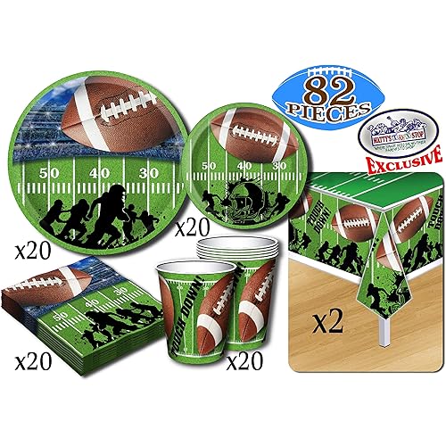 Deluxe Football Theme Party Supplies Set for 20 People, Includes 20 Large Plates, 20 Small Plates, 20 Napkins, 20 Cups & 2 Table Covers - Perfect for Gameday or Birthday (82 Pieces Total)