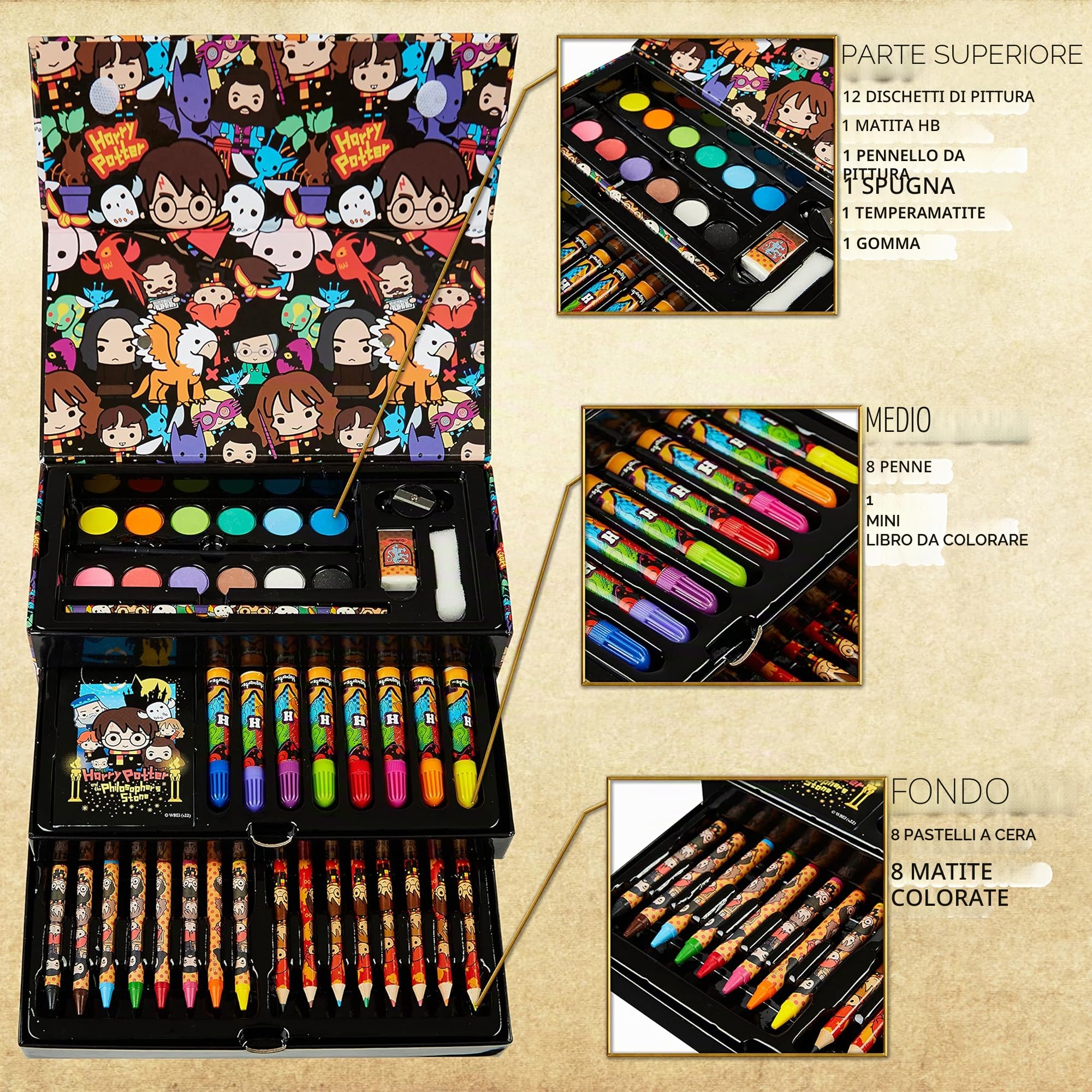 HARRY POTTER Valigetta Colori per Bambini 40+ pzs, Kit Disegno e Pittura con Pennarelli e Matite Colorate
