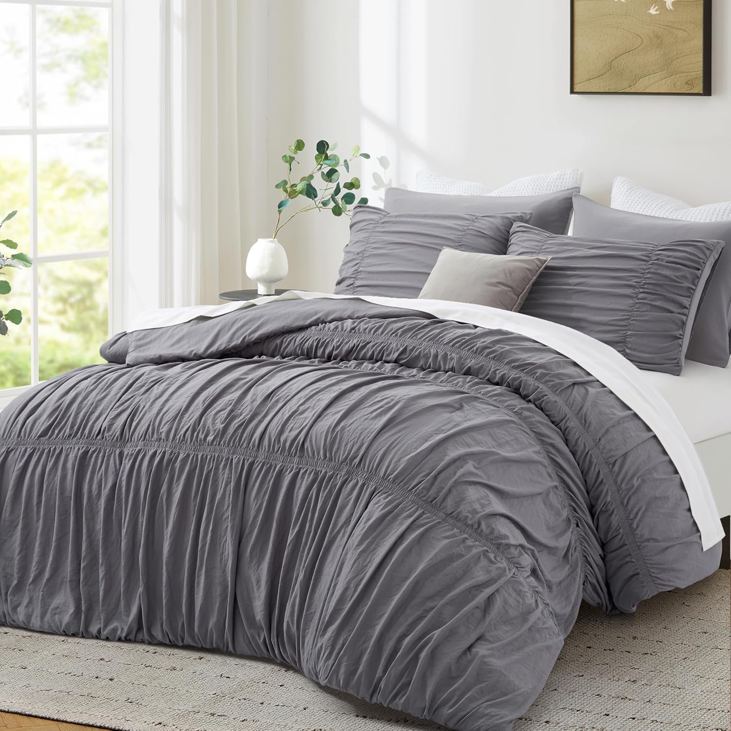 Oli Anderson Ruched Comforter Set Queen Size, 5PCS Fluffy Comforter with Elastic Design, Vintage Boho Comforter Bedding Sets, Shabby Chic Farmhouse Rustic Style Bedroom Decor for All Seasons - Grey