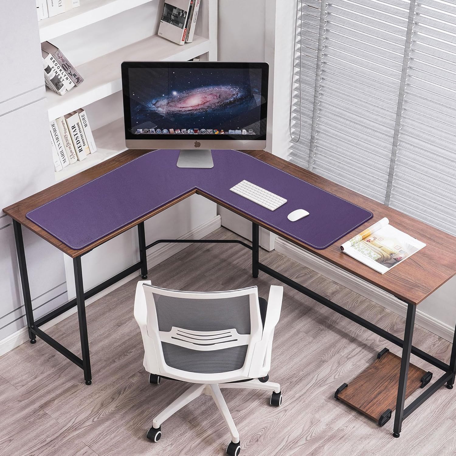 Mydours L Shaped Desk Mat, (38"+38) x 13" Large PU Leather Corner Desk Pad Blotter, XXL Large Waterproof Gaming Mouse Pad, L Shaped Mouse Pad for Computer Keyboard Home Office (Purple)