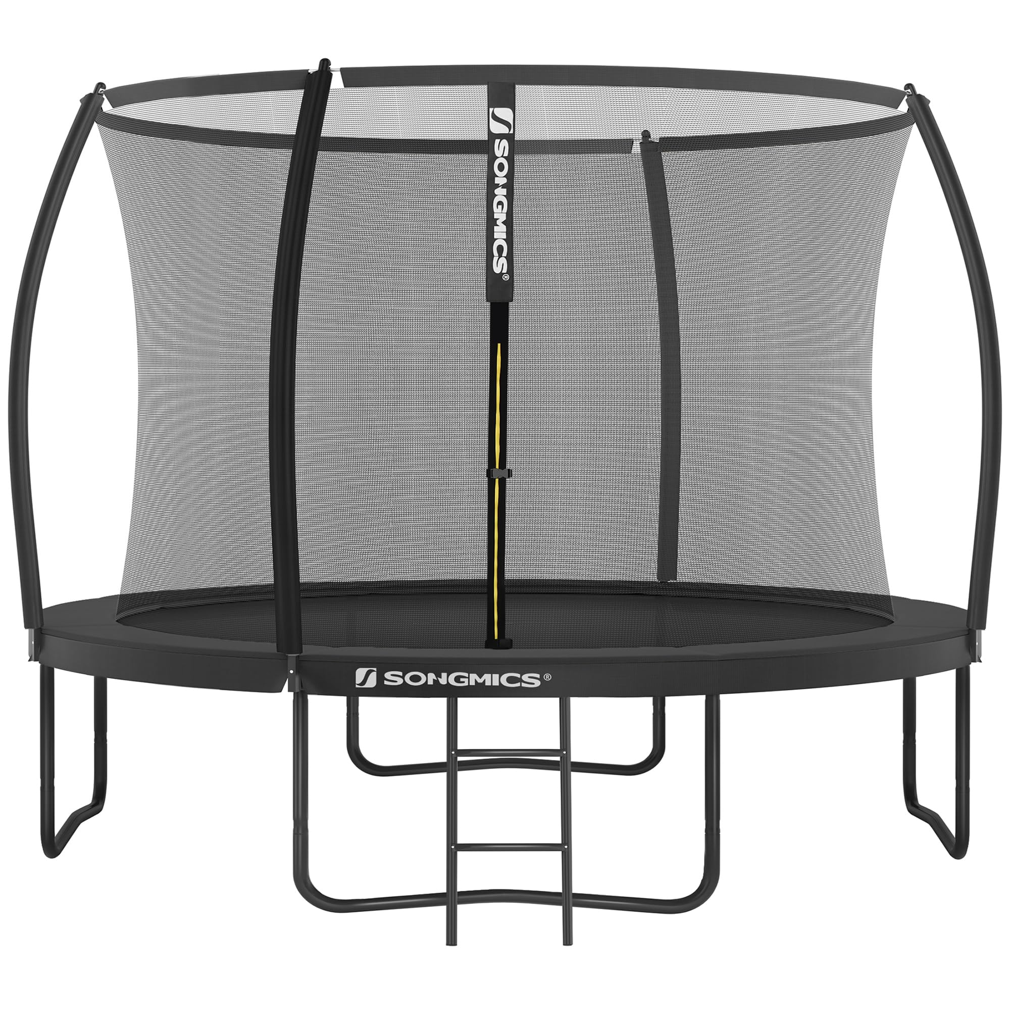SONGMICS Trampoline pour Enfants Diamètre 366 cm, Filet de Protection, Poteau Incurvé de 180 cm de Haut, Coussins de Sécurité, Échelle, Cadre en Acier, Noir STR122B01