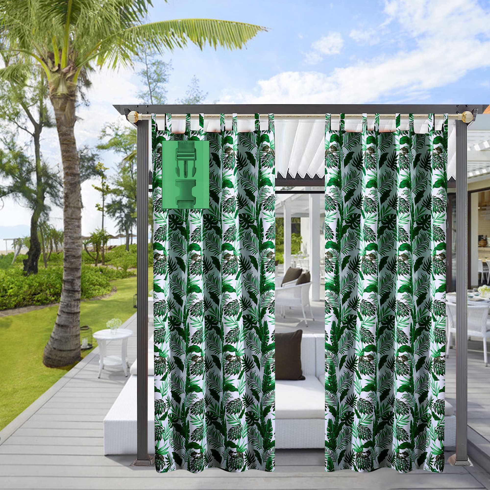 Outdoor Curtains Waterproof - 132x215cm Tropical Leaves Printed Garden Thermal Insulation Blackout Drapes Detachable Buckle Tieback for Indoor Window and Outside Porch Pool, Balcony, Green