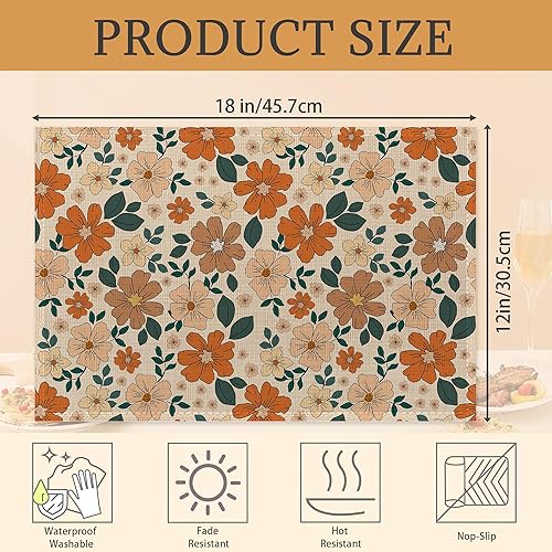 Miniatura 2 de Juego de 6 manteles individuales de flores florales retro de los años 70 lavables para mesa de cocina, comedor, resistentes al calor, para