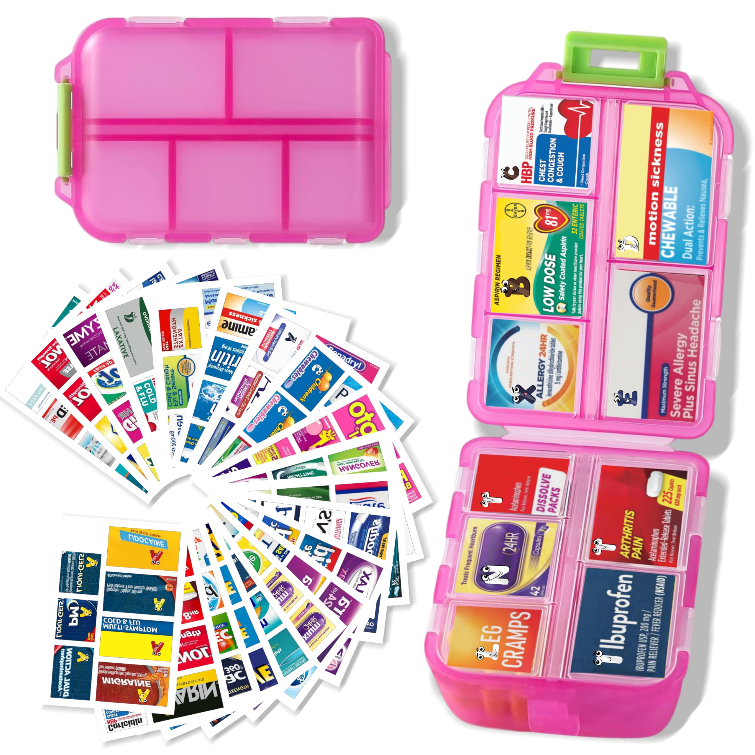 Large Pill Organizer with Medicine Labels - 7 Day Travel Daily Container, Mini Medication Storage Case (Pink, 161 Labels)