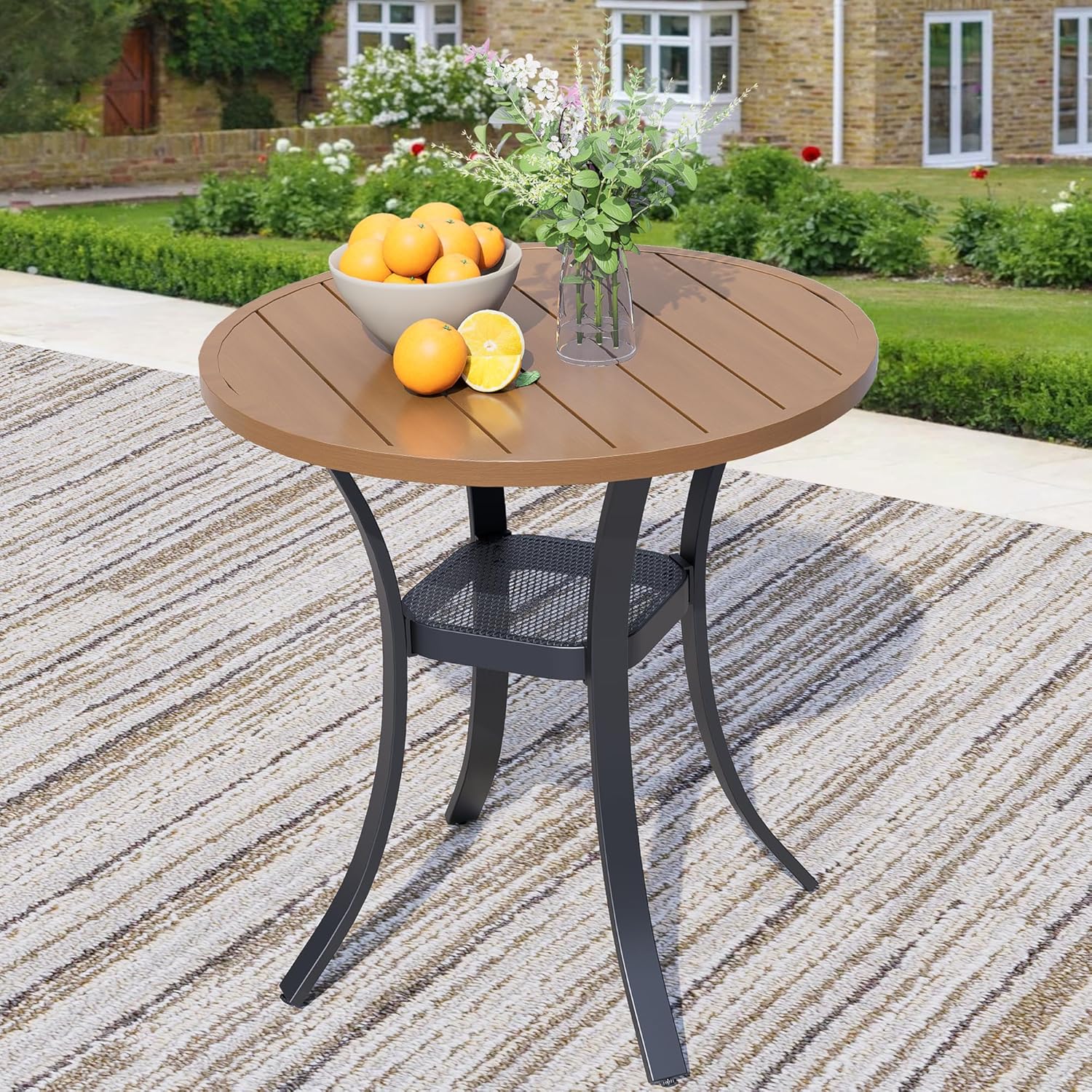 27.6" Round Patio Dining Table for 4, All-Weather Metal Patio Table with Storage Shelf, Outdoor Round Dining Table for Lawn Garden Porch, Walnut