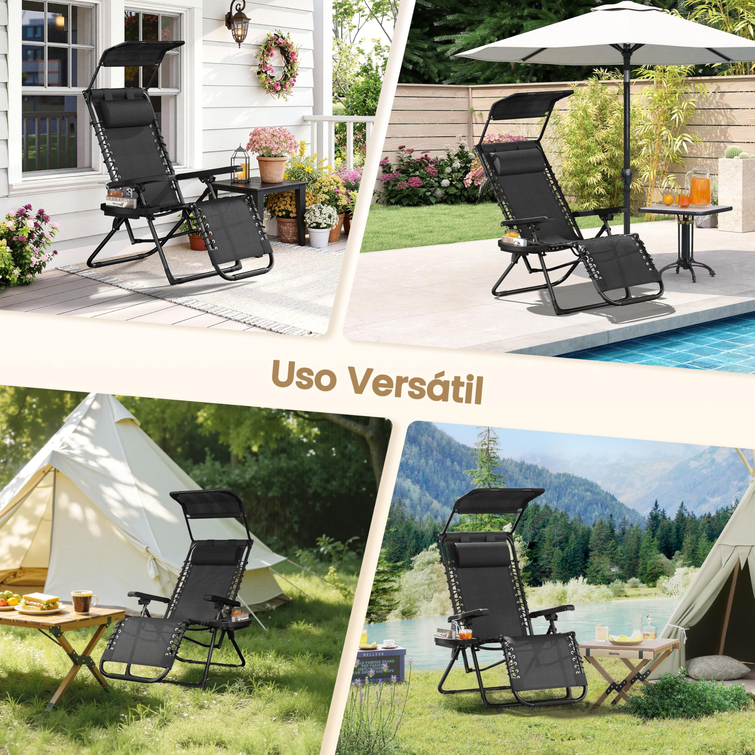 Yaheetech Tumbonas Jardin Exterior, Tumbonas Plegables con Reposacabezas y Parasol, Soportado 115 kg, para Piscina, Jardín, Tumbona Piscina Resistente a Intemperie, Negro