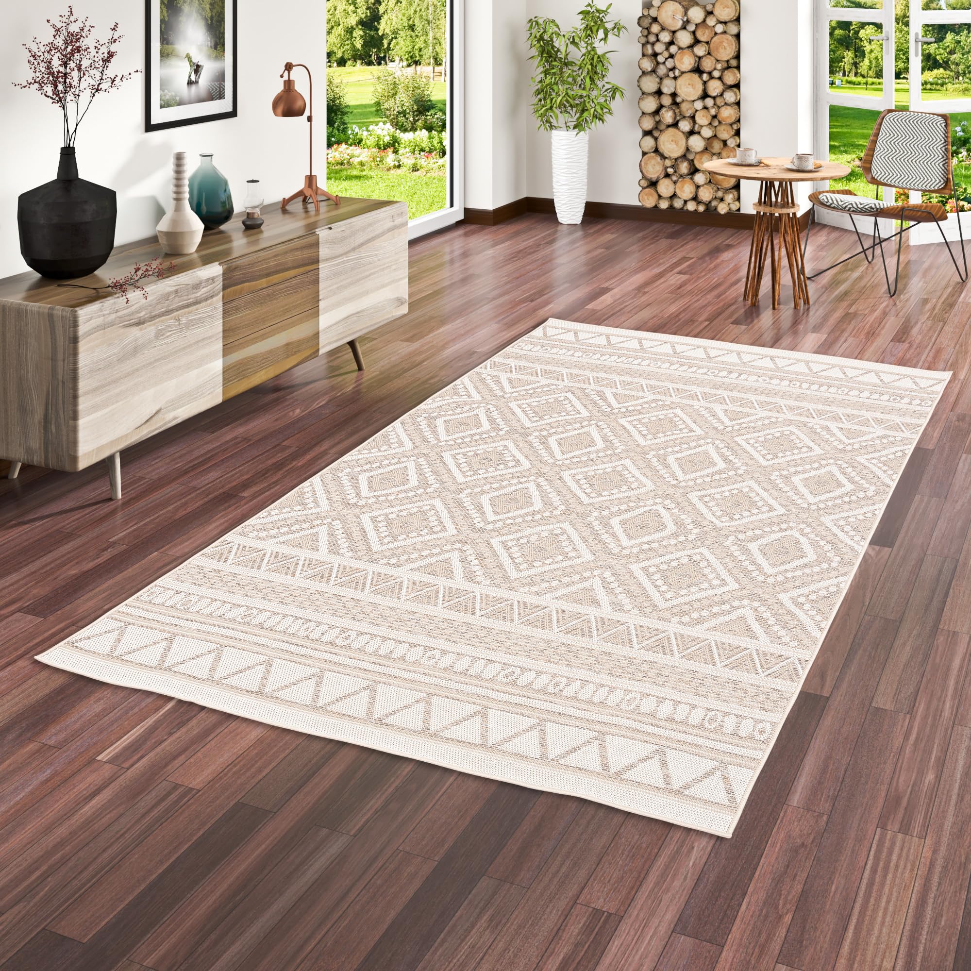 Pergamon Ottawa - Tapis Plat tissé intérieur/extérieur - Ethno Beige - 5 Tailles