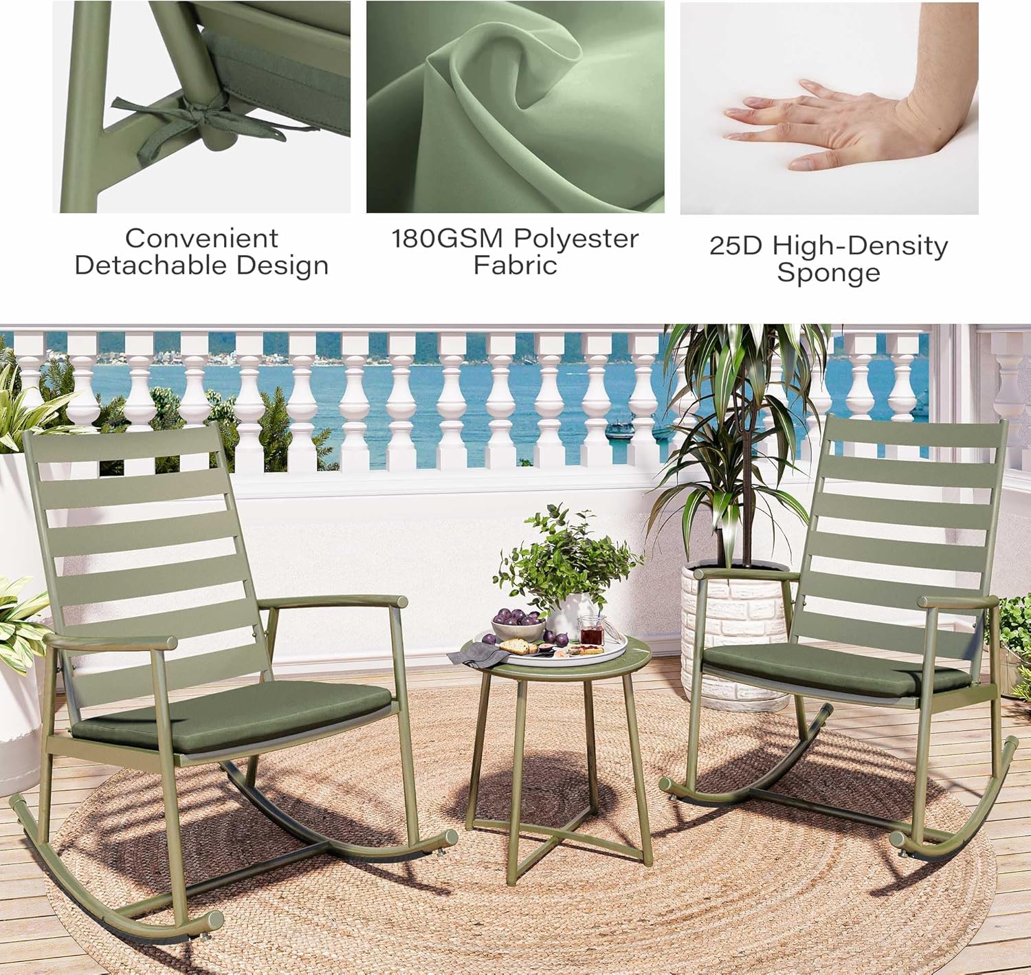 LAUSAINT HOME 3 Piece Outdoor Rocking Bistro Set, Small Patio Furniture Set with Coffee Table and Thick Cushions, Front Porch Furniture for Lawn, Garden, Balcony, Poolside (Green)