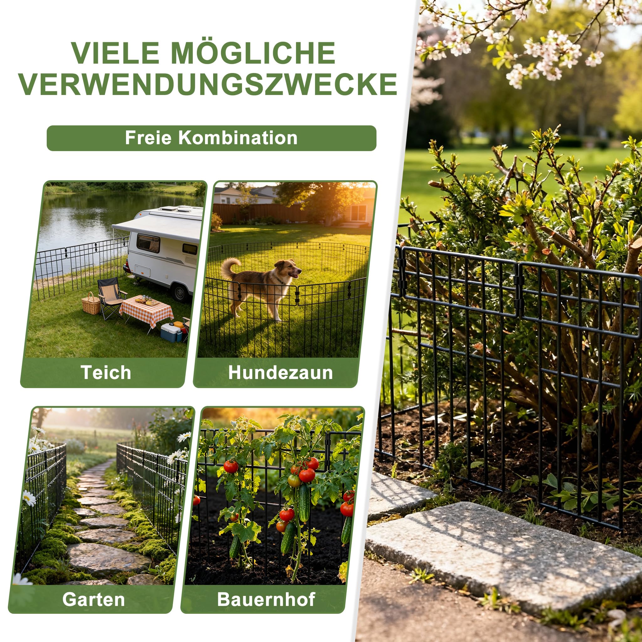 XMTECH Dekorativer Gartenzaun aus Metall, 25 Stück, 42x32cm, Schwarz, Mobiler Zaun für Hunde, Blumenbeet & Hof, Camping, Steckzaun, Zaun Garten, Hundezaun - Type B