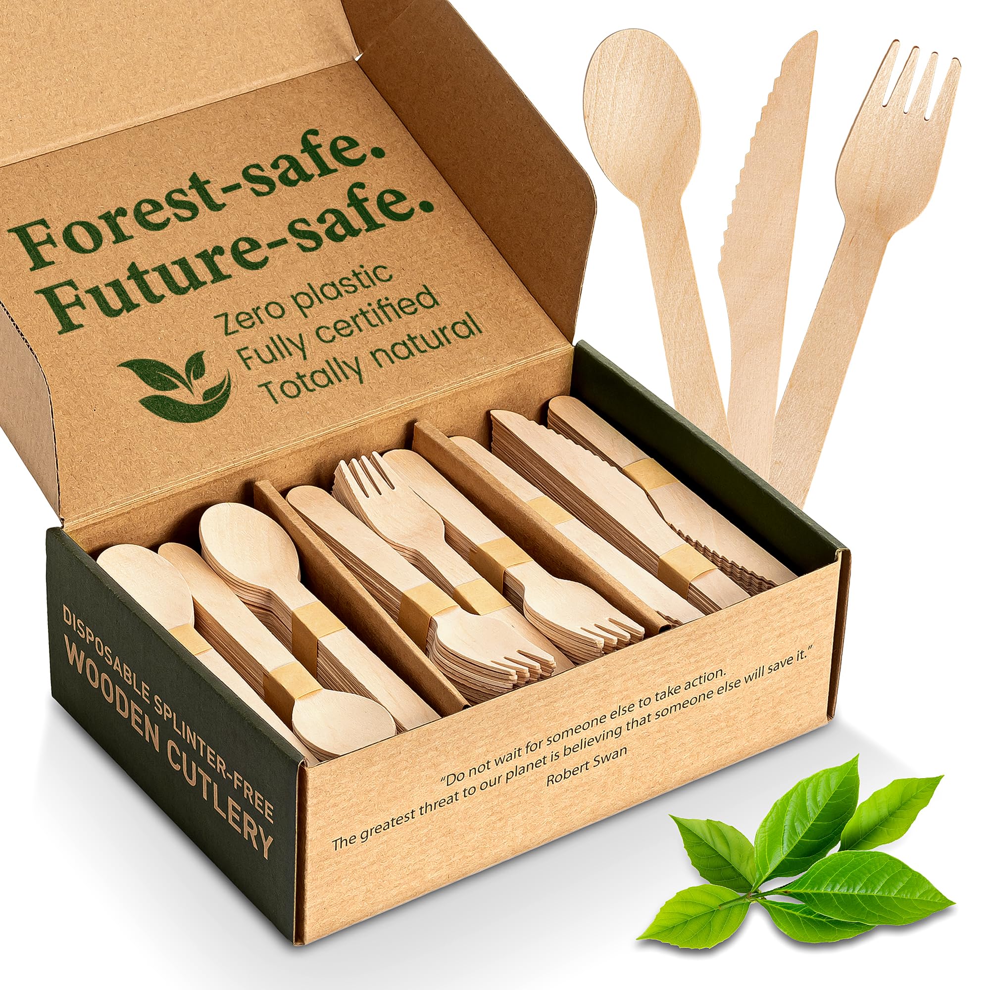 Weemium Disposable Wooden Cutlery Set - 300 Count (100 Forks, 100 Knives, 100 Spoons) – Plastic-free Packaging - Biodegradable Silverware and Splinter-free Compostable Utensils for PartiesThe Forest Stewardship Council