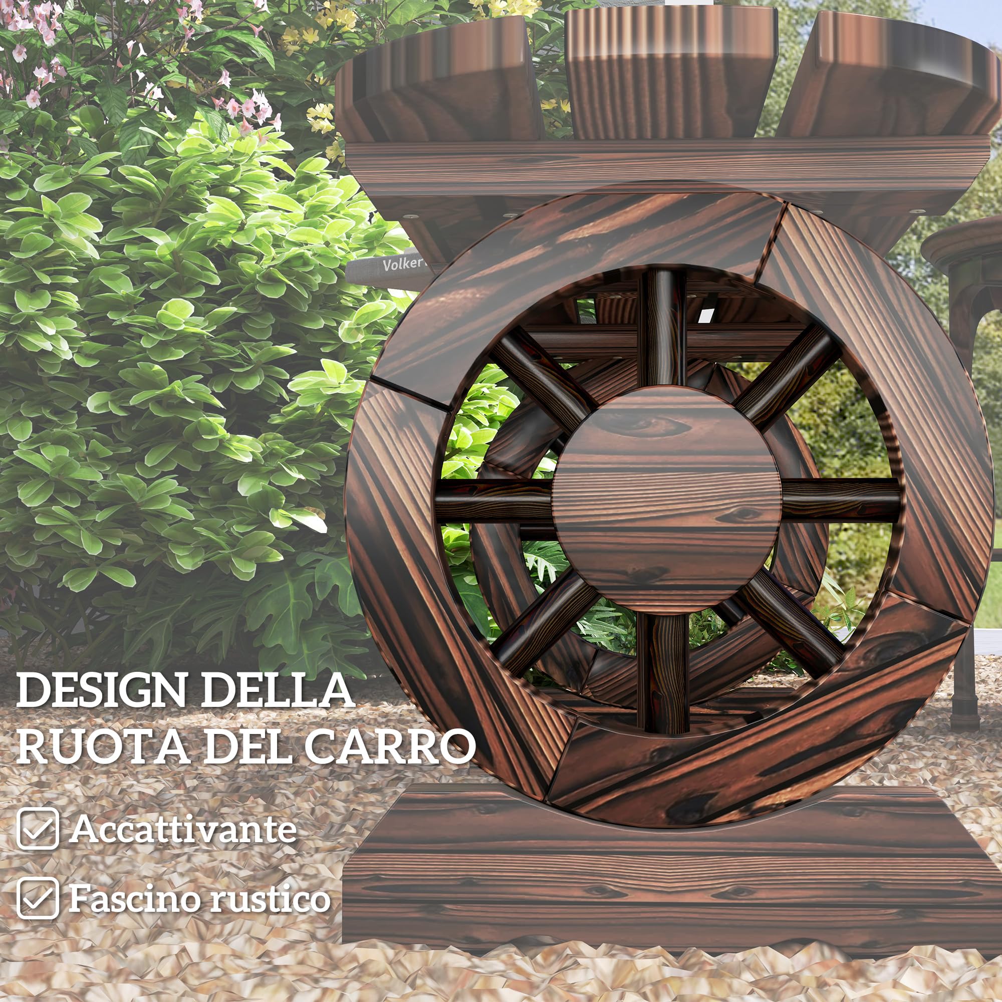 Outsunny Panca da Giardino con Gambe a Ruota di Carro, Panchina da Esterno 2 Posti Stile Rustico con Seduta a Doghe, 120x29x39cm, Marrone