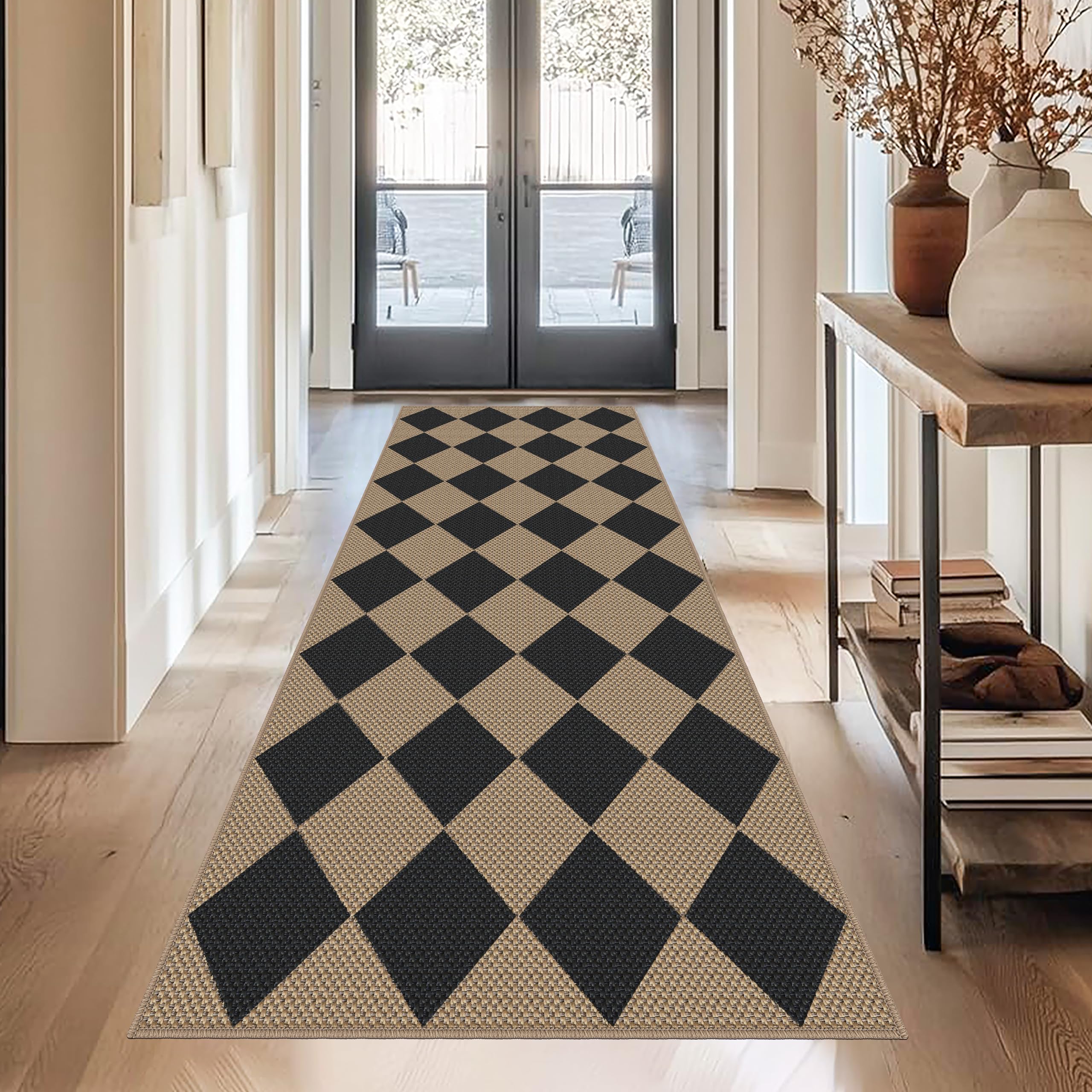 Capslpad Teppich Läufer Flur Karierter Jute Aussehen KüchenTeppich Natürlich Waschbar Teppich Braun rutschfest Wohnzimme Läufer Flur Eingang, Küche, Schlafzimmer, Balkon