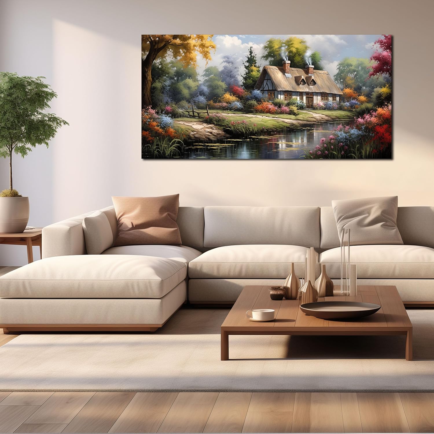 Large Canvas Wall Art for Living Room Countryside Mountain River Landscape Wall Art Decor Prints Farmhouse Decor Pictures Meadow Wildflower Artwork Canvas Painting Wall Decor for Bedroom 24x48 IN