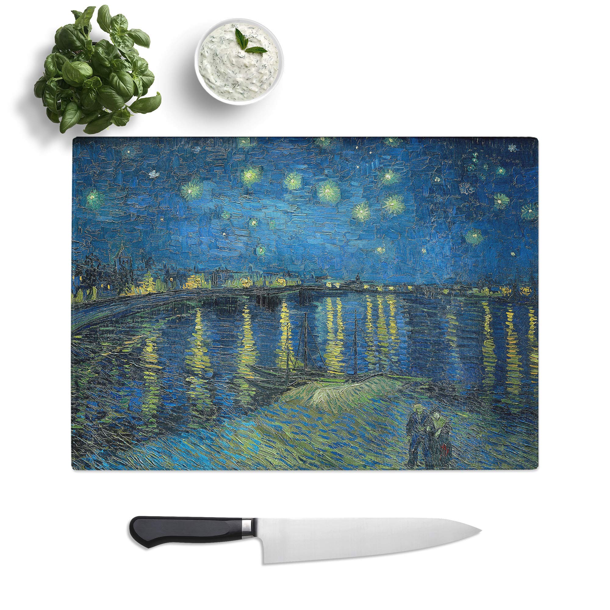 Kitchen Chopping Board Glass - Vincent Van Gogh Starry Night Over The Rhone - Textured Worktop Saver Cutting Board - Heat Resistant, Shatterproof and Hygenic - 28.5 x 20 cm