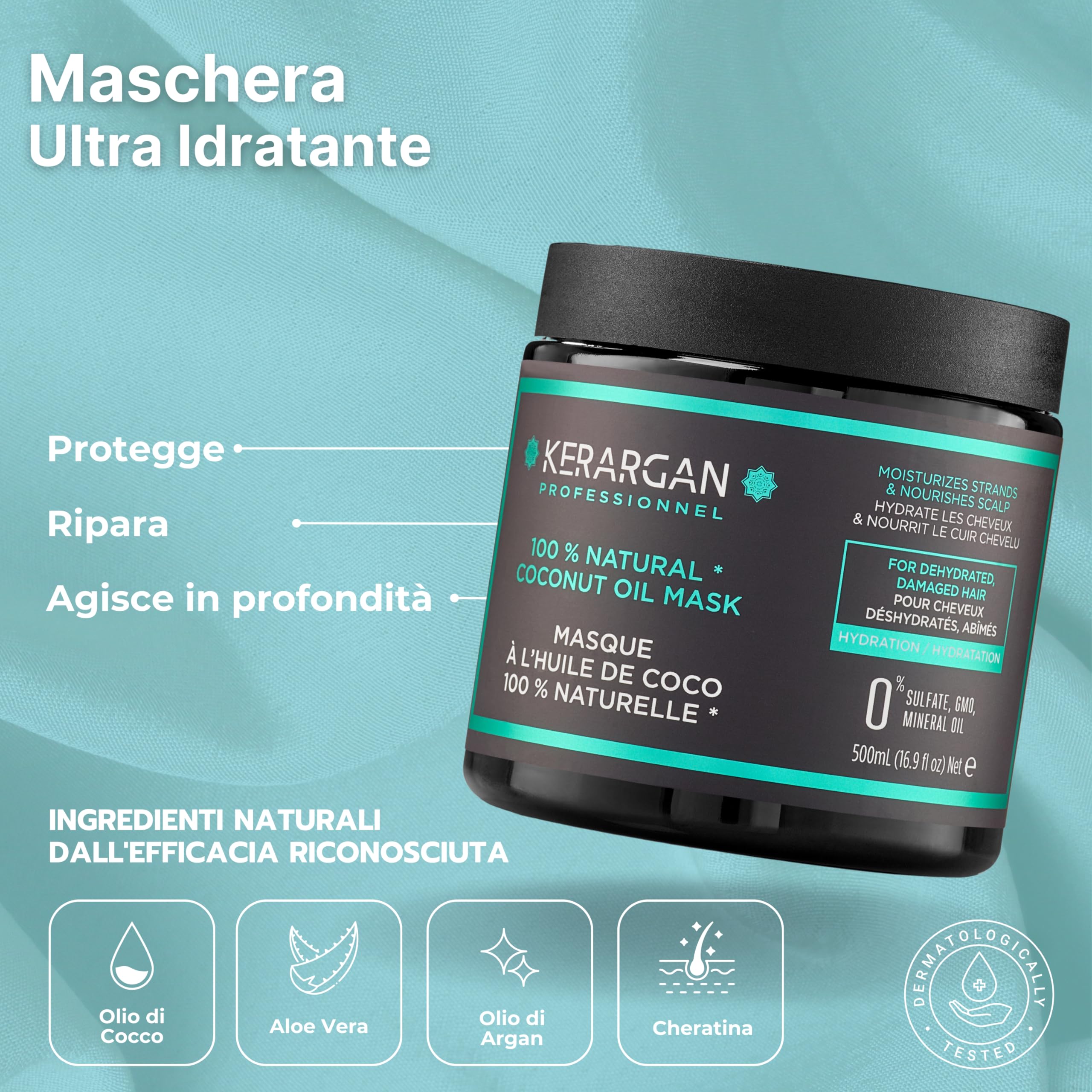 Kerargan - Trio Idratante Shampoo, Balsamo & Maschera all’Olio di Cocco - Idratazione Profonda per Capelli Danneggiati e Secchi - Senza Solfati, GMO, Silicone - 3x500 ml | Shampoo, balsamo e maschera al cocco, routine idratante completa per capelli secchi