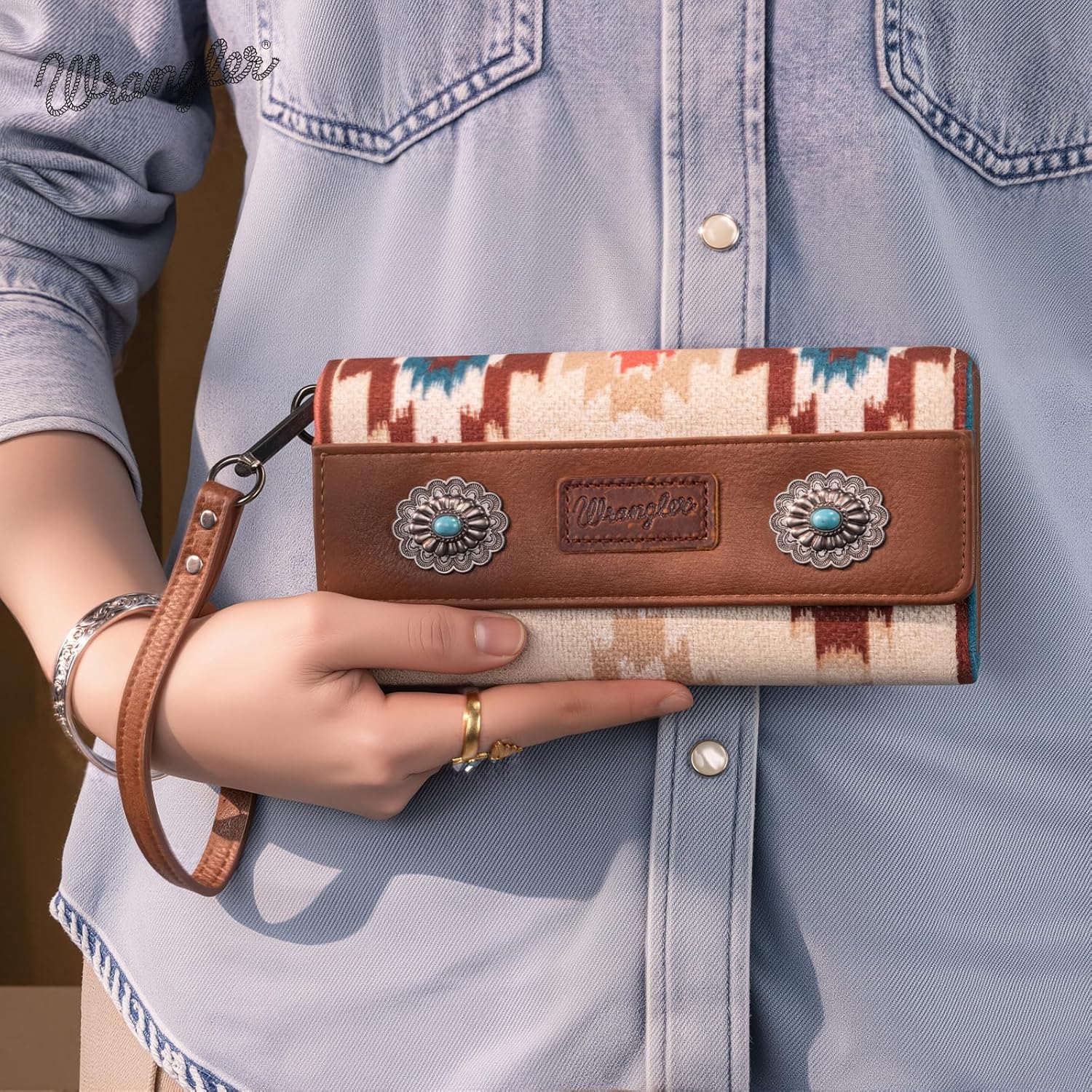 Wrangler Western Wallet for Women Aztec Turquoise Clutch Puese Trifold Wristlet Wallets