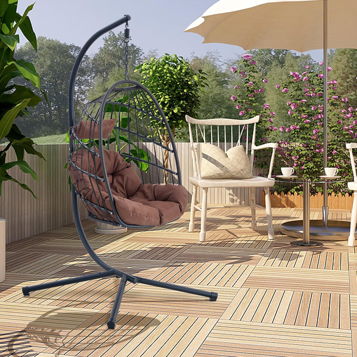 Egg Chair with Stand – Faux Rattan Wicker Hanging Hammock Chair, Soft Cushions & Pillow, Titanium Alloy Frame, UV-Resistant, All-Weather, Easy Assembly, 350 lbs Capacity for Patio, Garden, Balcony