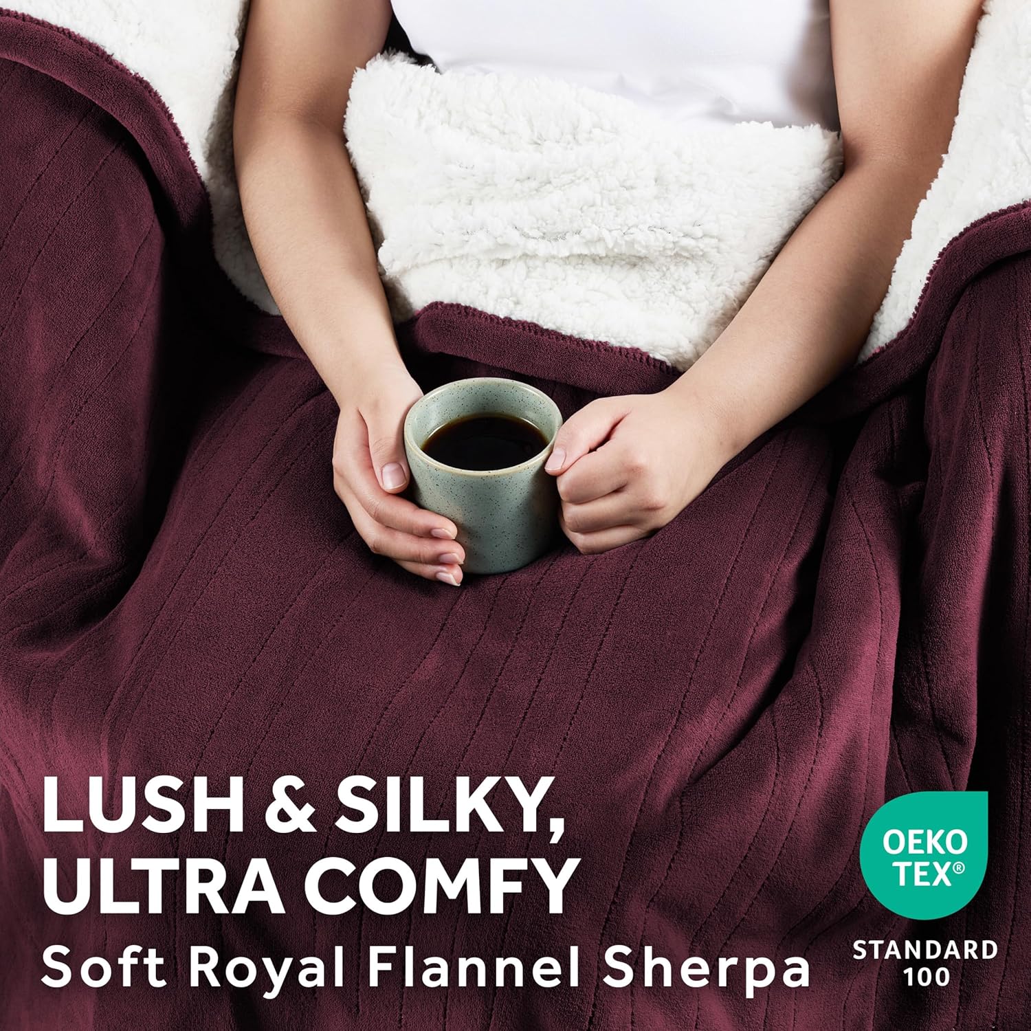Sunbeam Electric Throw Royal Mink Sherpa Heated Blanket, 4 Heat Settings, 4-Hour Auto Shut-Off, Fast Heating, Luxurious and Ultra Comfy, Cabernet Color, 50" x 60" - Image 4