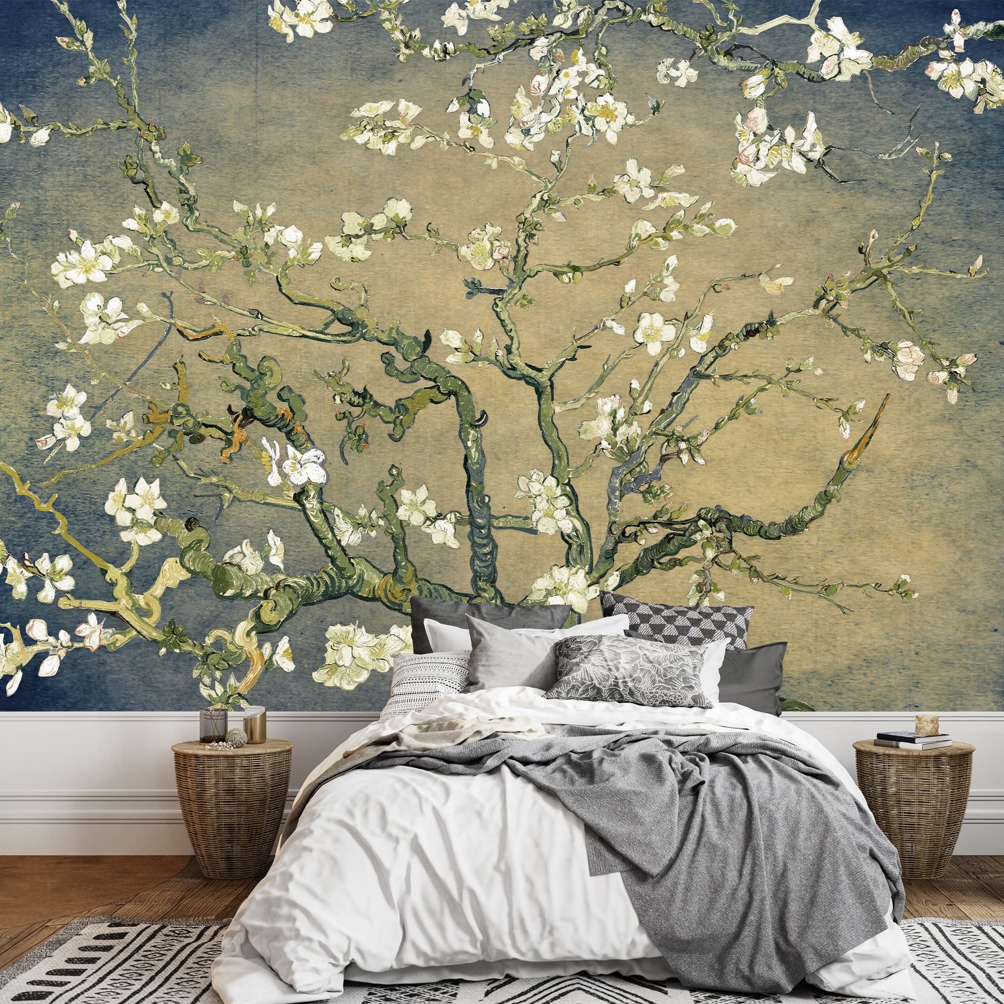 Amazon.com: wall26 - Olive Green with Blue Vignette Almond Blossom