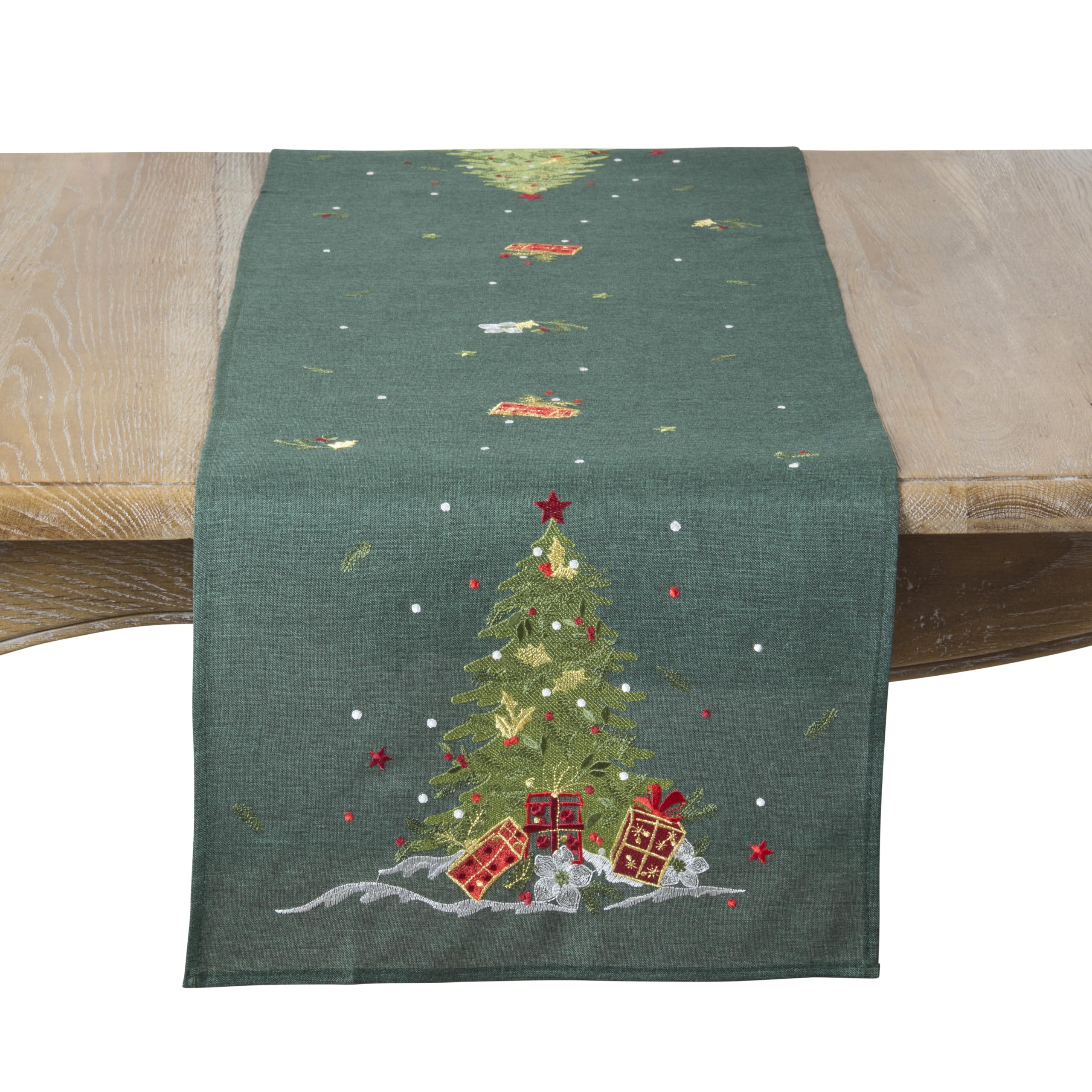 SARO LIFESTYLE Embroidered Christmas Tree Table Runner - Holiday Table Runner for Christmas Dining Tables, Festive Winter Entertaining, Seasonal Table Décor, and Holiday Tablescapes, 16"x70", Green