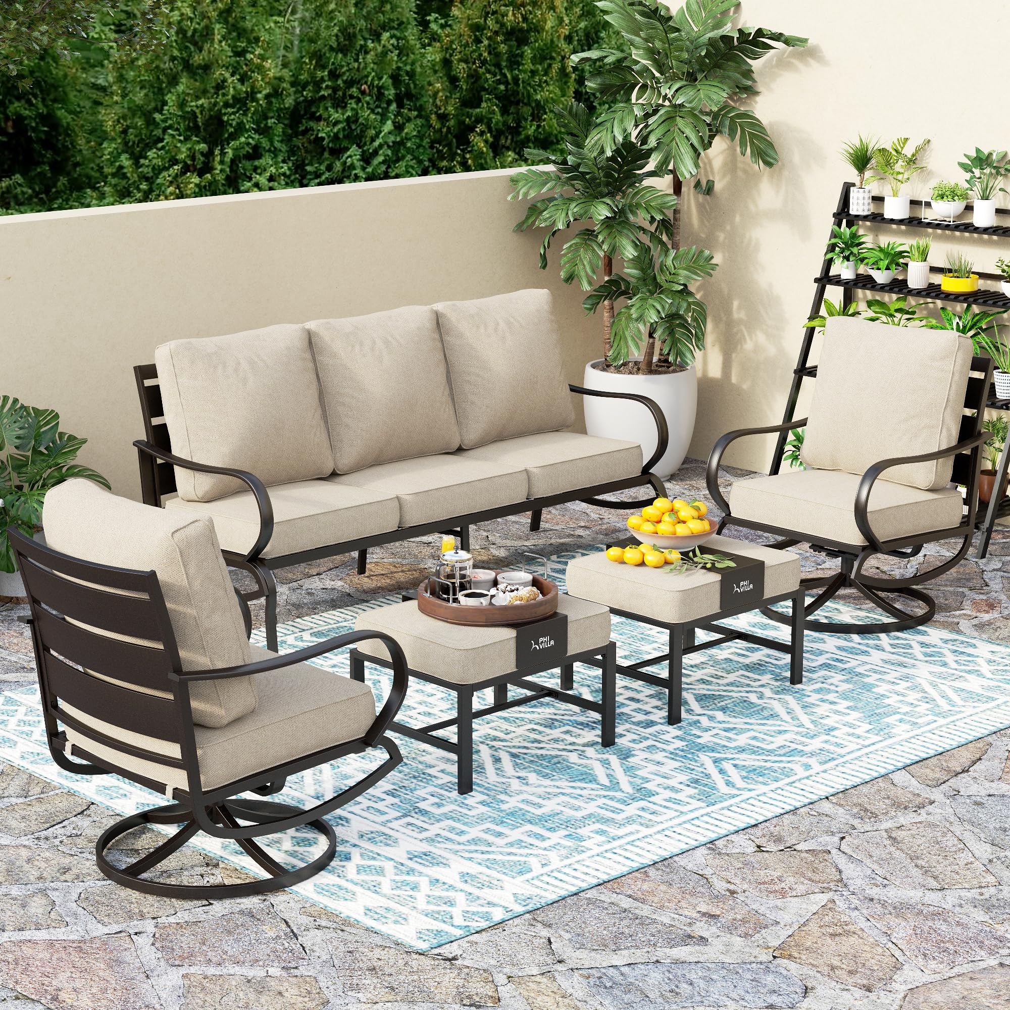 PHI VILLA 5 PCS Patio Furniture Set, Metal Outdoor Furniture Set with 1 x 3 Seater Deep Seating Bench, 2 x Swivel Sofa Chairs & 2 x Metal Cushioned Ottoman, Outdoor Patio Set for GardenOEKO-TEX STANDARD 100