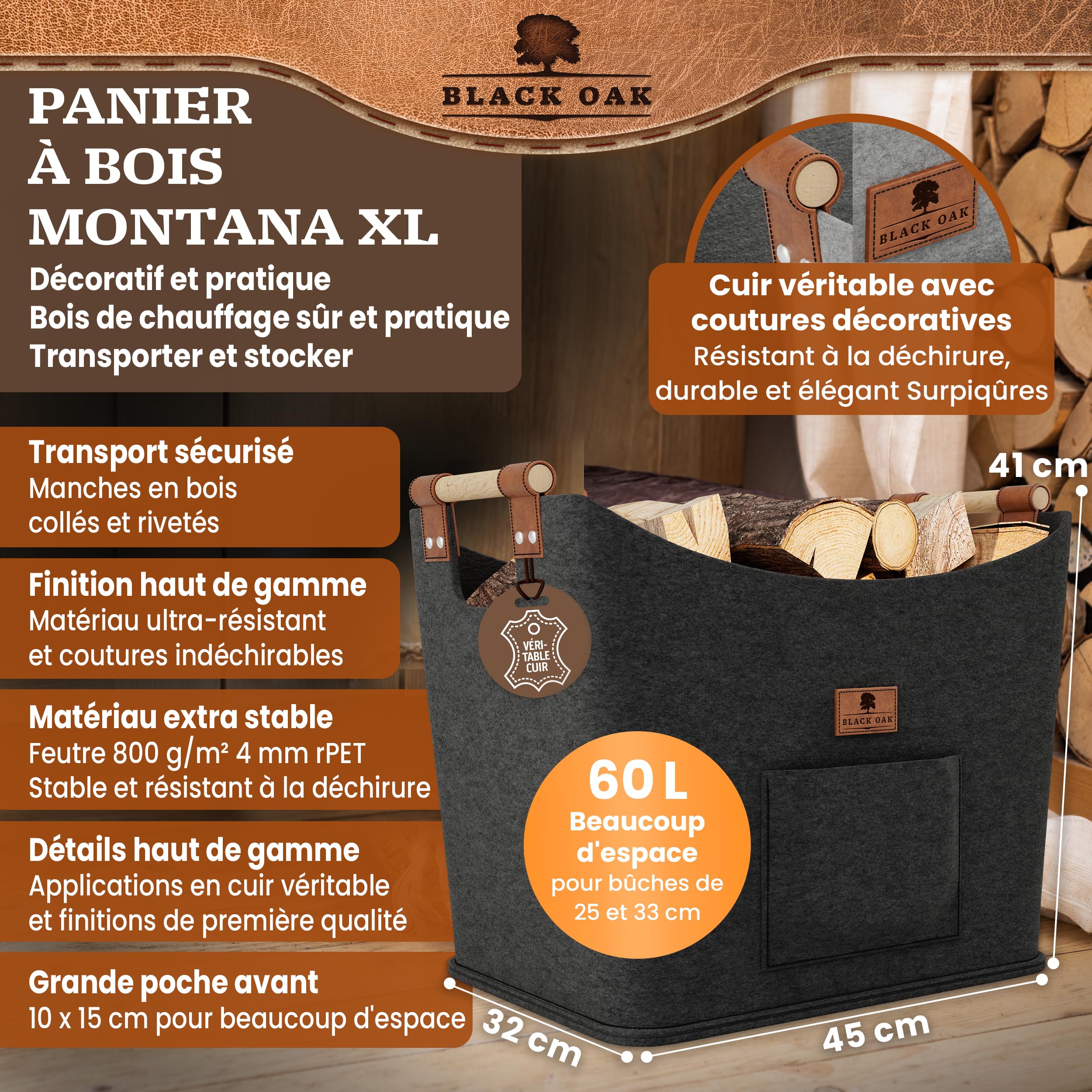 BLACK OAK Montana XL Panier en feutre et bois pour bois de chauffage, cuir véritable, poignées larges, poche avant extra grande, pliable