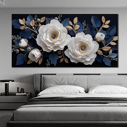 Miniatura 7 de Trogonup Lienzo decorativo de pared con flores blancas y azules para dormitorio, decoración de pared botánica dorada moderna para sala de estar,