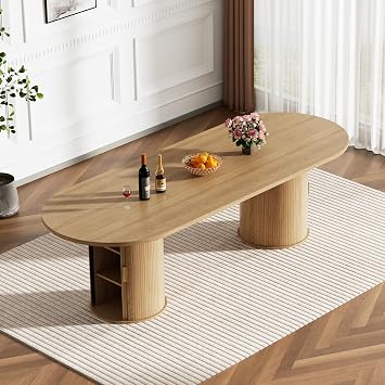 Modern Extendable Dining Table for 6-8-10,Rustic Expandable Oval Kitchen Tables,63-79-94 Inch Long Table with Brown Wood Grain Top and Storage Pedestal Base