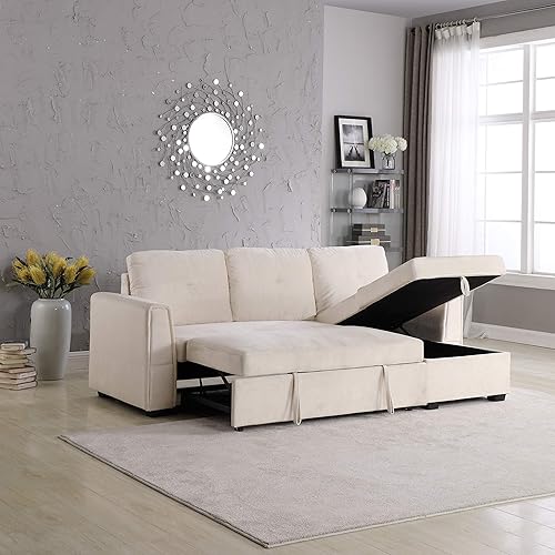 Miniatura 6 de Legend Furniture Sofá cama reversible de terciopelo con almacenamiento para sofá cama seccional, 91 pulgadas, color crema