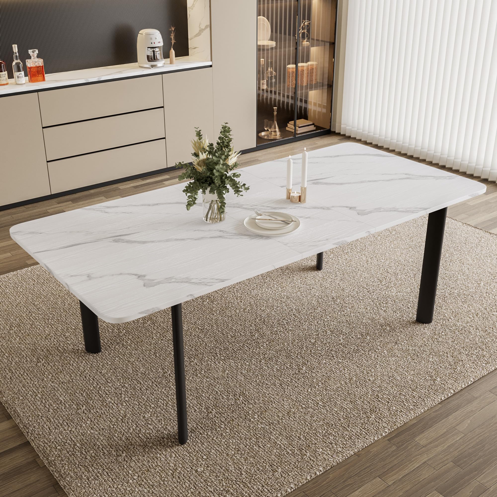 HIPIHOMExtendable Dining Table for 6-8 People, 63 to 78.7 Inch Rectangular Table, White MDF with Sturdy Metal Legs, Space-Saving for Dining Room, Kitchen, Small Spaces