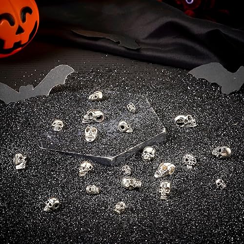 Miniatura 3 de Beadthoven - 50 cuentas de calavera de Halloween de 10 estilos, cuentas de calavera de plata antigua, espaciadores surtidos de mini cuentas de