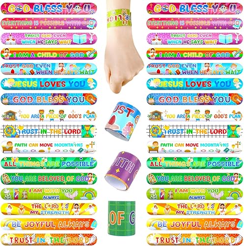 Miniatura 1 de POPLAY 48 pulseras cristianas de bofetada, pulseras a presión con versículos de la Biblia, pulseras religiosas a presión para niños, regalos de